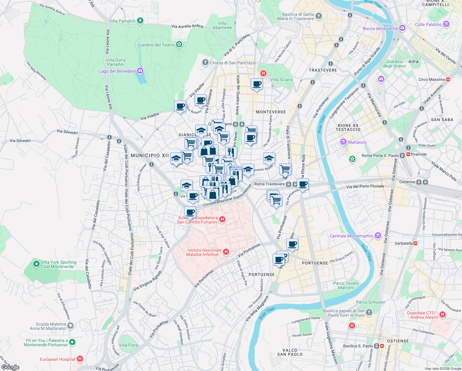 map of restaurants, bars, coffee shops, grocery stores, and more near 18 Via di Monte Verde in Roma