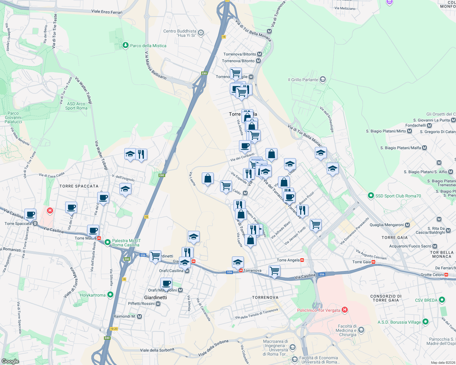 map of restaurants, bars, coffee shops, grocery stores, and more near 12 Via Tersicore in Roma