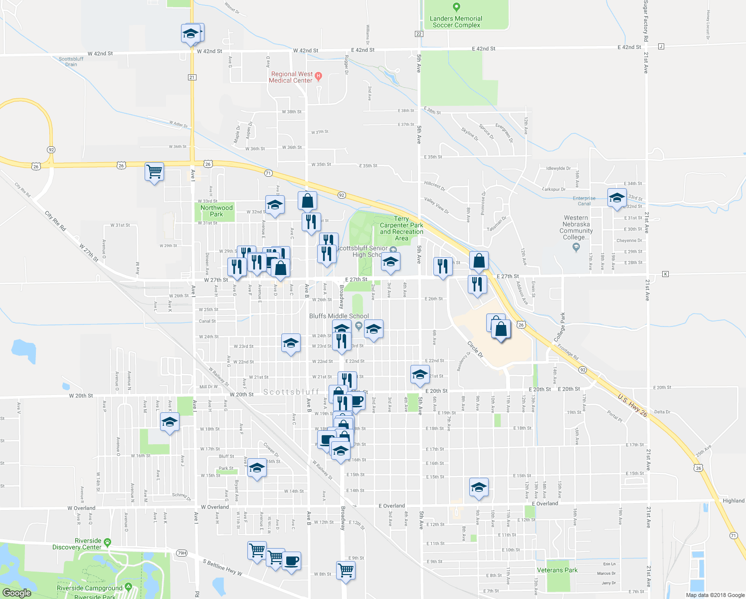 map of restaurants, bars, coffee shops, grocery stores, and more near 2600 2nd Avenue in Scottsbluff