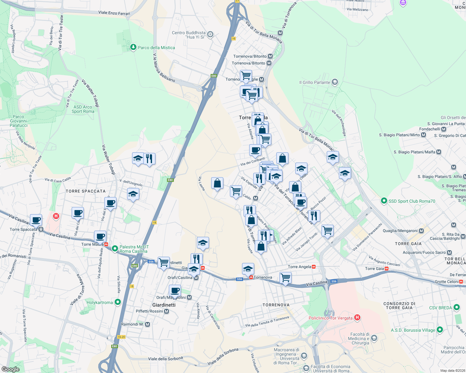 map of restaurants, bars, coffee shops, grocery stores, and more near 12-34 Via Tersicore in Rome