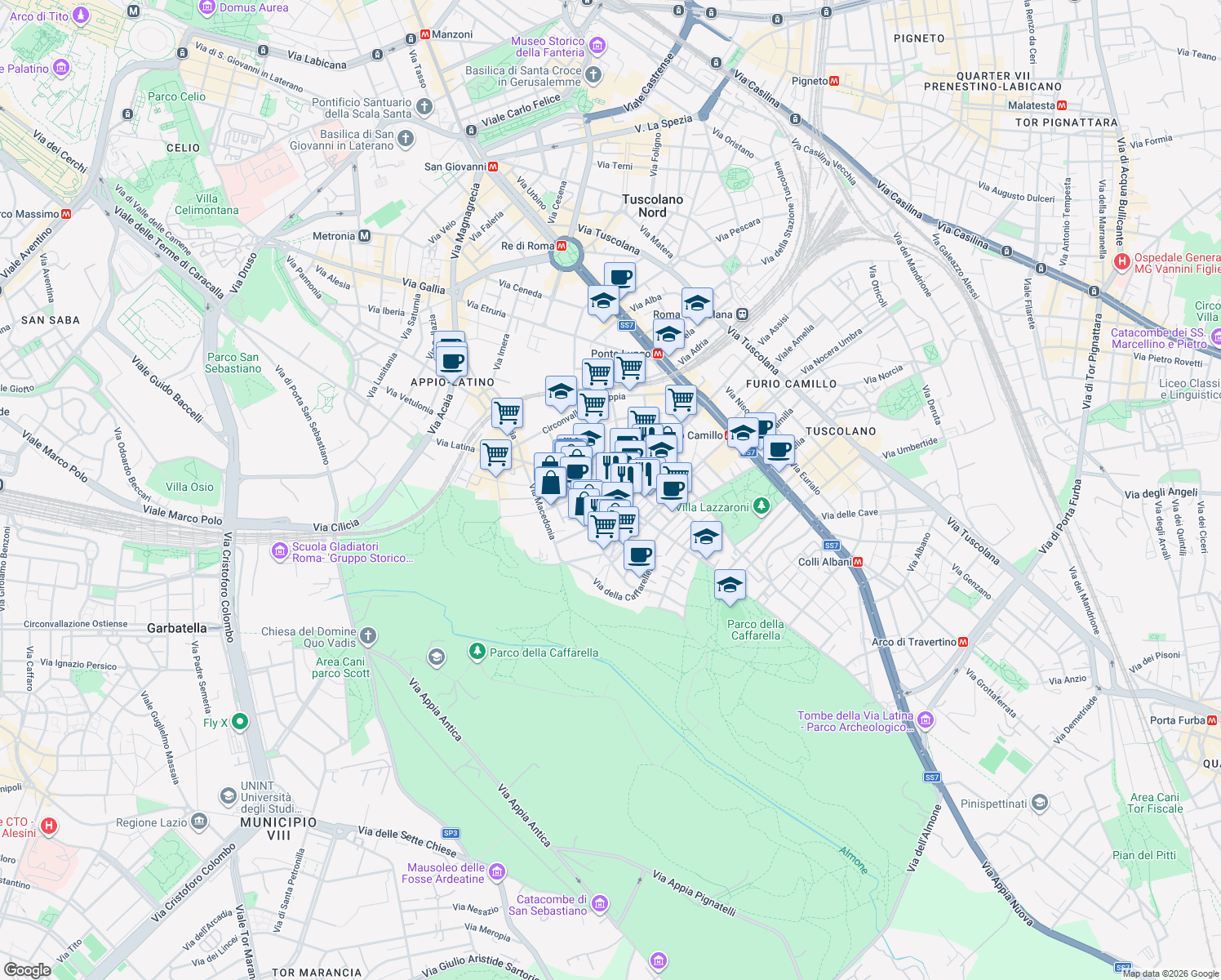 map of restaurants, bars, coffee shops, grocery stores, and more near 188 Via Latina in Rome