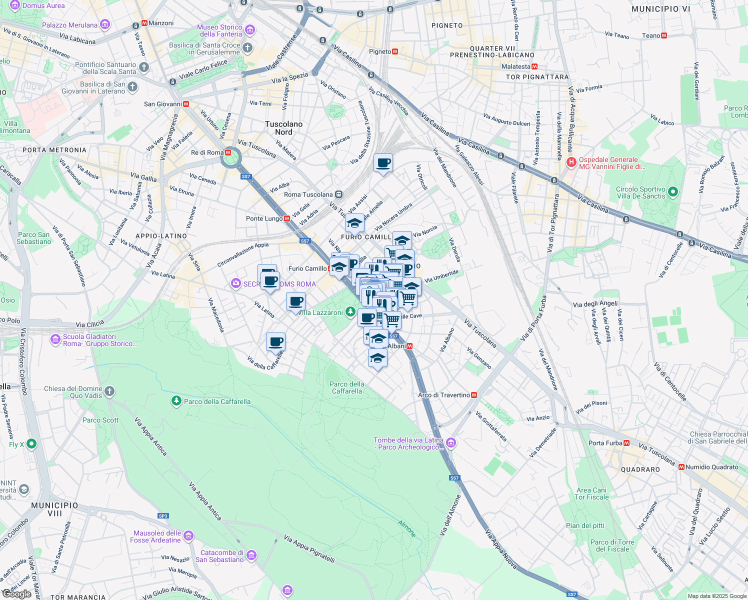 map of restaurants, bars, coffee shops, grocery stores, and more near 30 Via Turno in Rome