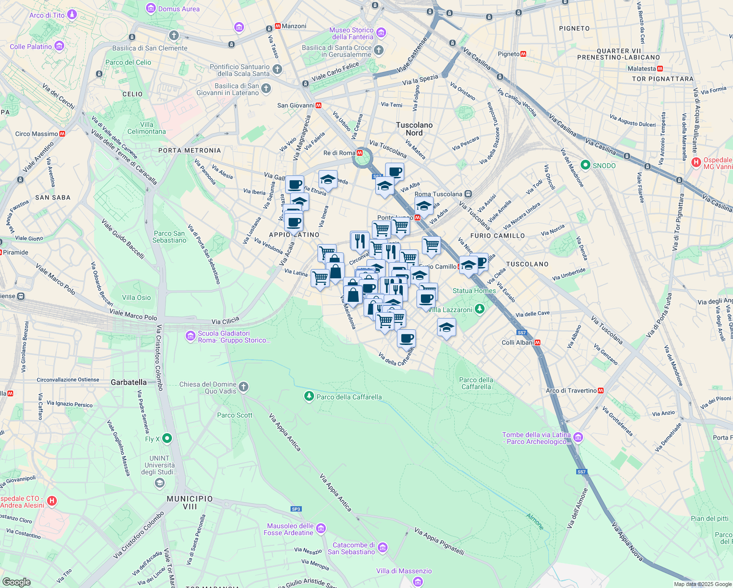 map of restaurants, bars, coffee shops, grocery stores, and more near 107 Via Tommaso da Celano in Roma