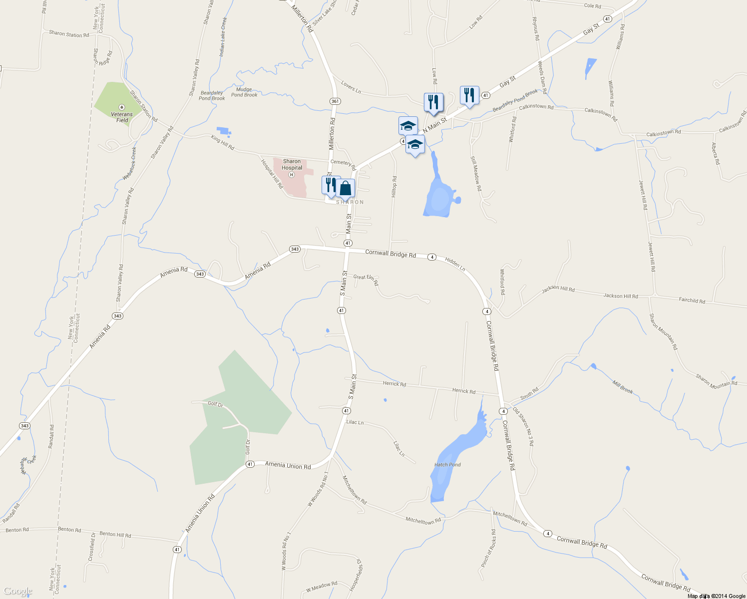 map of restaurants, bars, coffee shops, grocery stores, and more near 17 Great Elm Rd in Sharon