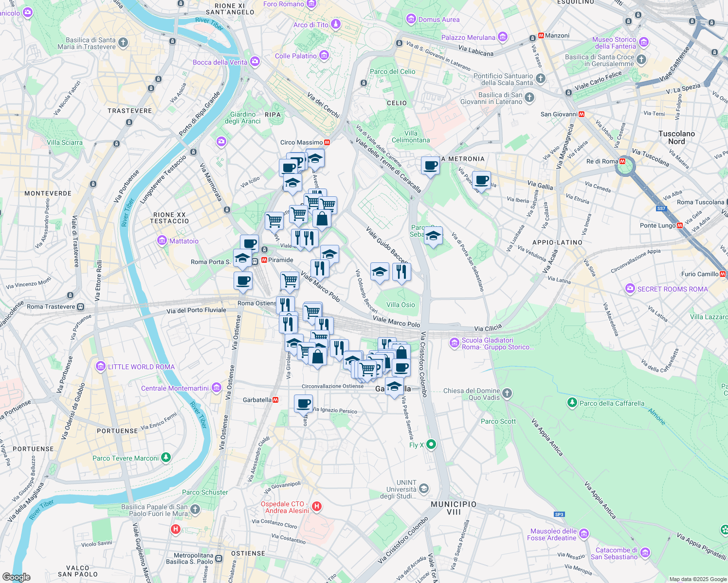 map of restaurants, bars, coffee shops, grocery stores, and more near 43 Via Odoardo Beccari in Roma