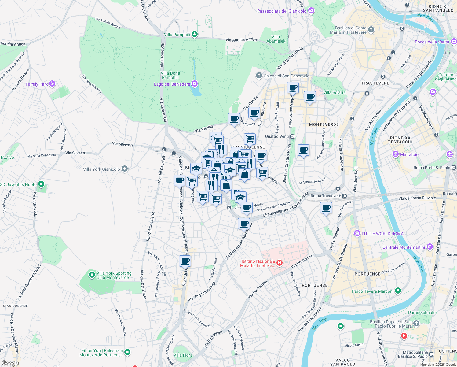 map of restaurants, bars, coffee shops, grocery stores, and more near 27 Via Lorenzo Vidaschi in Rome