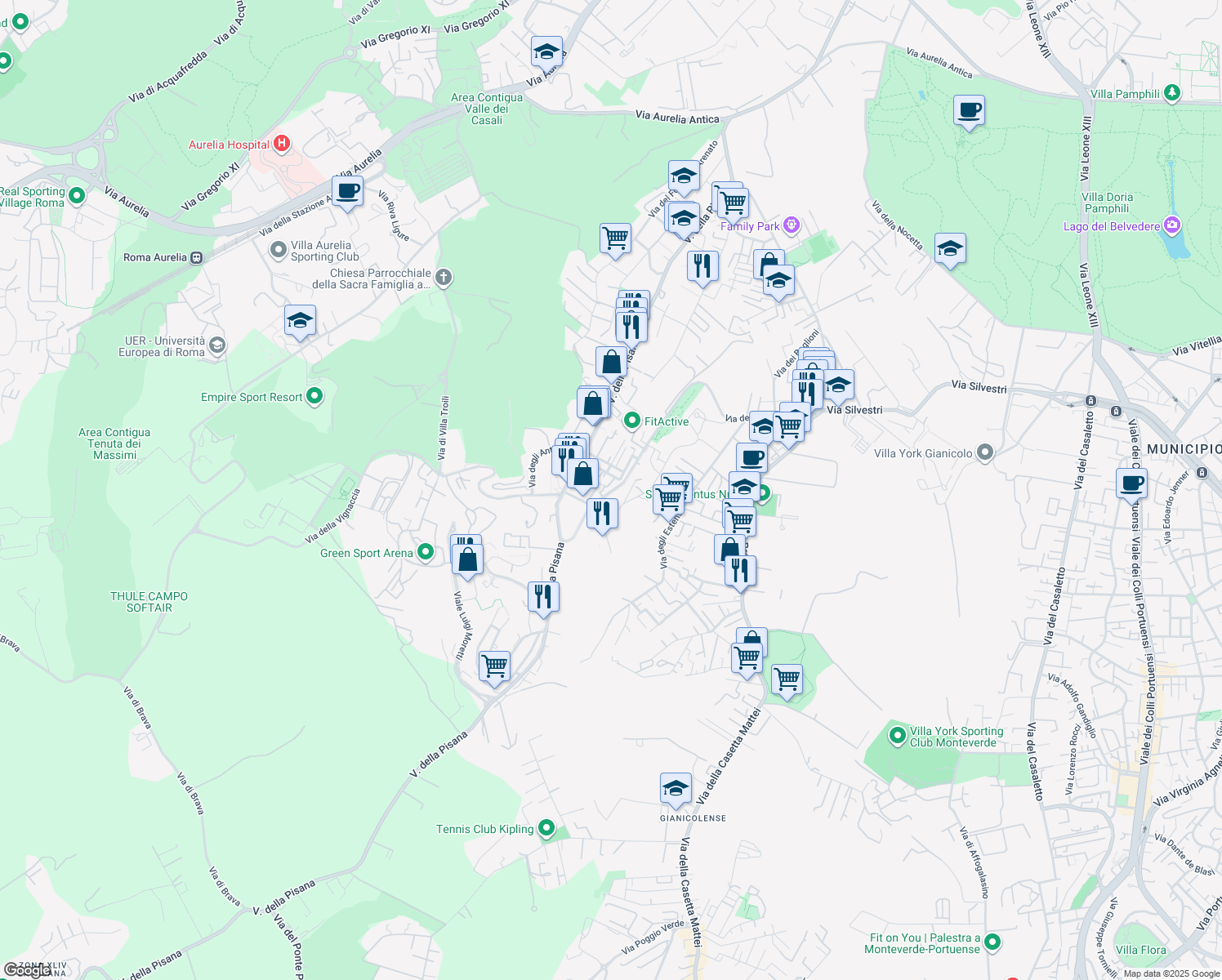map of restaurants, bars, coffee shops, grocery stores, and more near 25 Via del Fosso di Bravetta in Roma