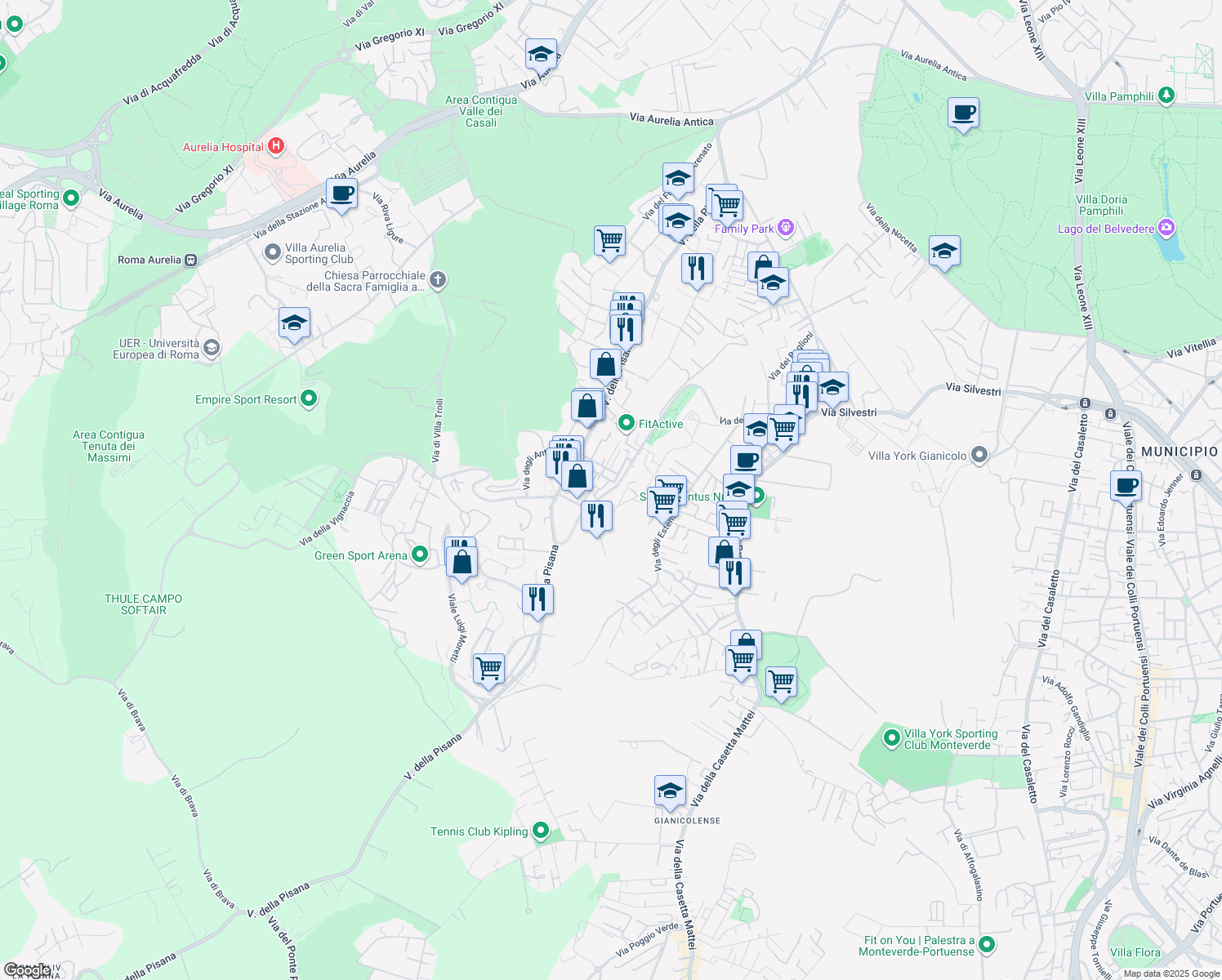 map of restaurants, bars, coffee shops, grocery stores, and more near 25 Via del Fosso di Bravetta in Roma