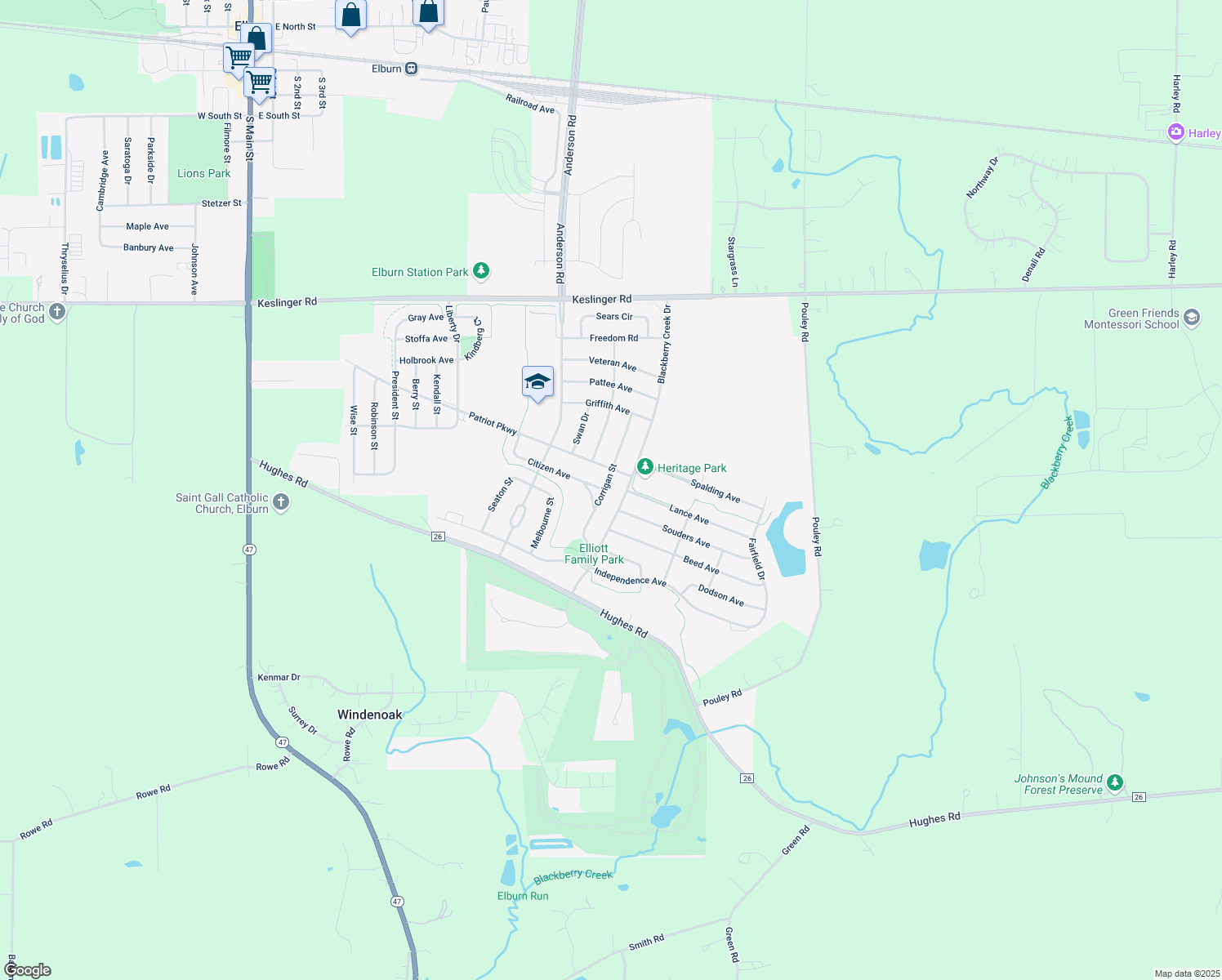 map of restaurants, bars, coffee shops, grocery stores, and more near 1301 Corrigan Street in Elburn