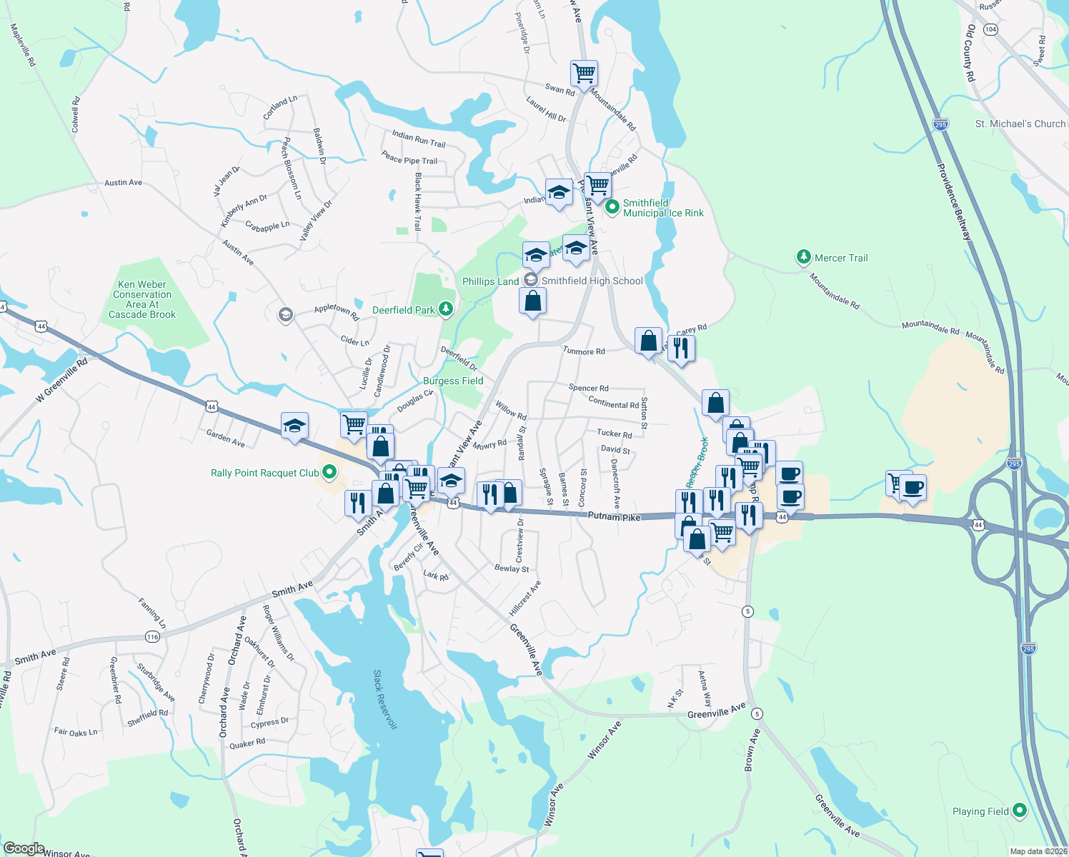 map of restaurants, bars, coffee shops, grocery stores, and more near 22 Sprague St in Smithfield