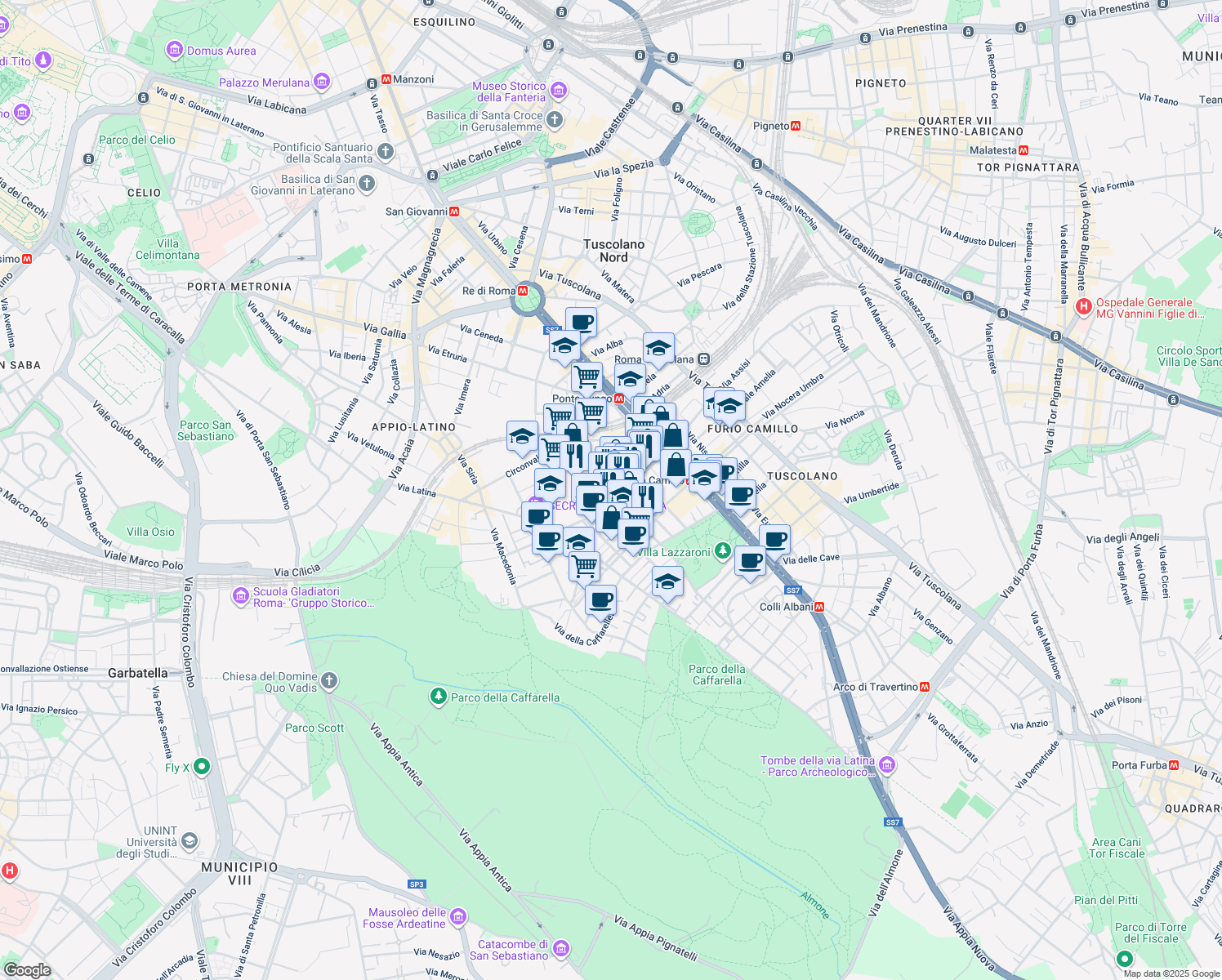 map of restaurants, bars, coffee shops, grocery stores, and more near Via Stefano Infessura in Roma