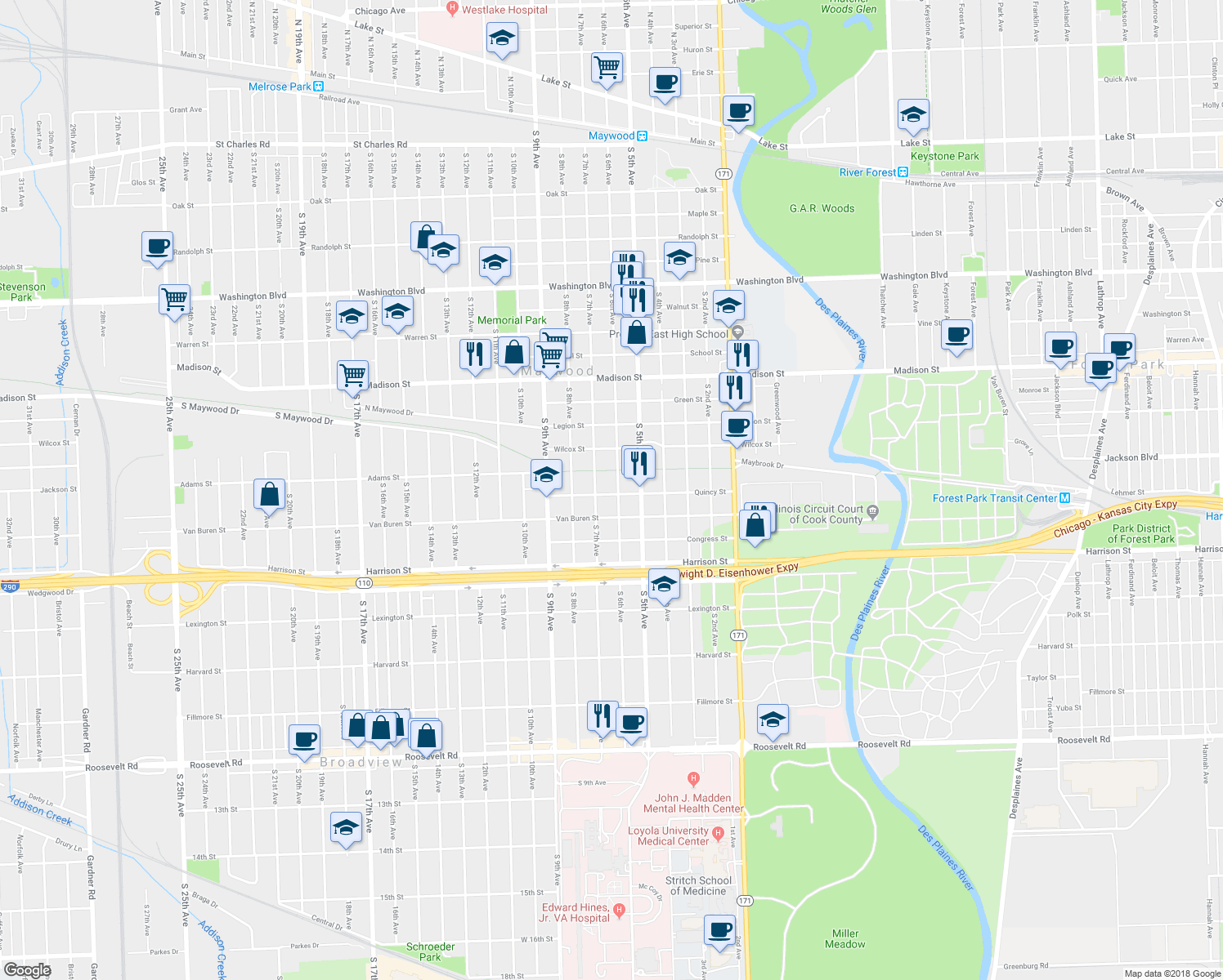 map of restaurants, bars, coffee shops, grocery stores, and more near 1416 S 6th Ave in Maywood