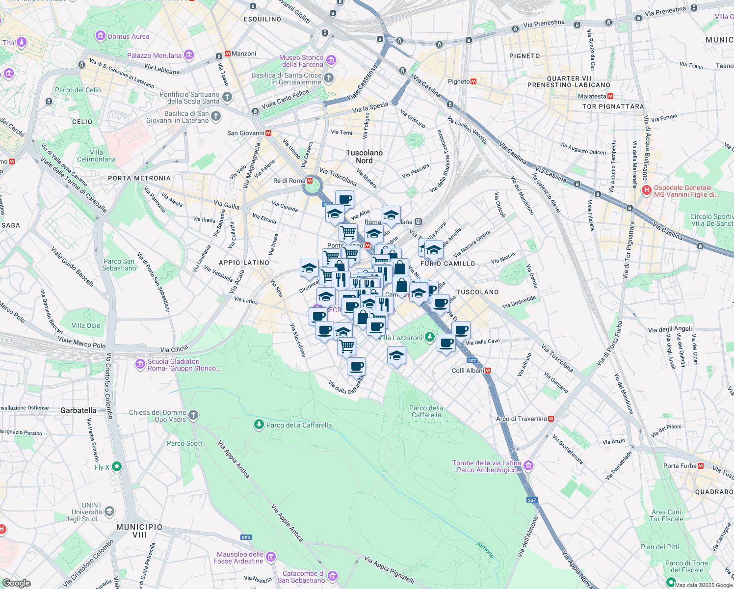 map of restaurants, bars, coffee shops, grocery stores, and more near Via Stefano Infessura in Roma