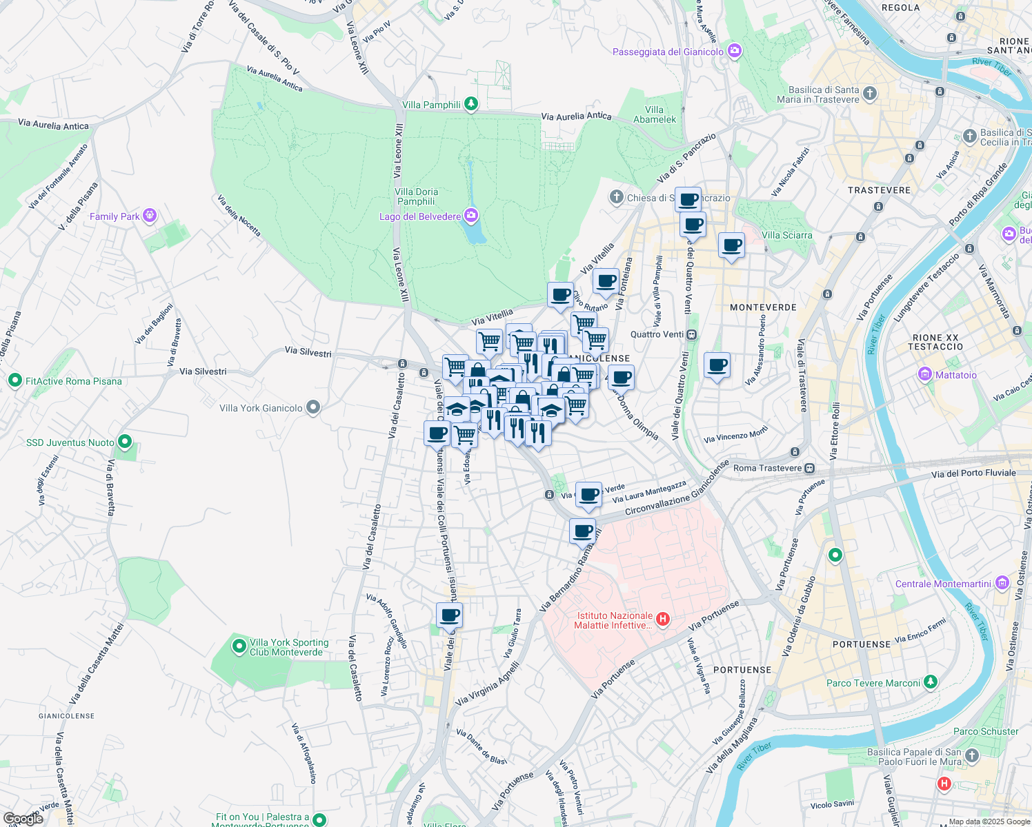 map of restaurants, bars, coffee shops, grocery stores, and more near 28 Piazza San Giovanni di Dio in Roma