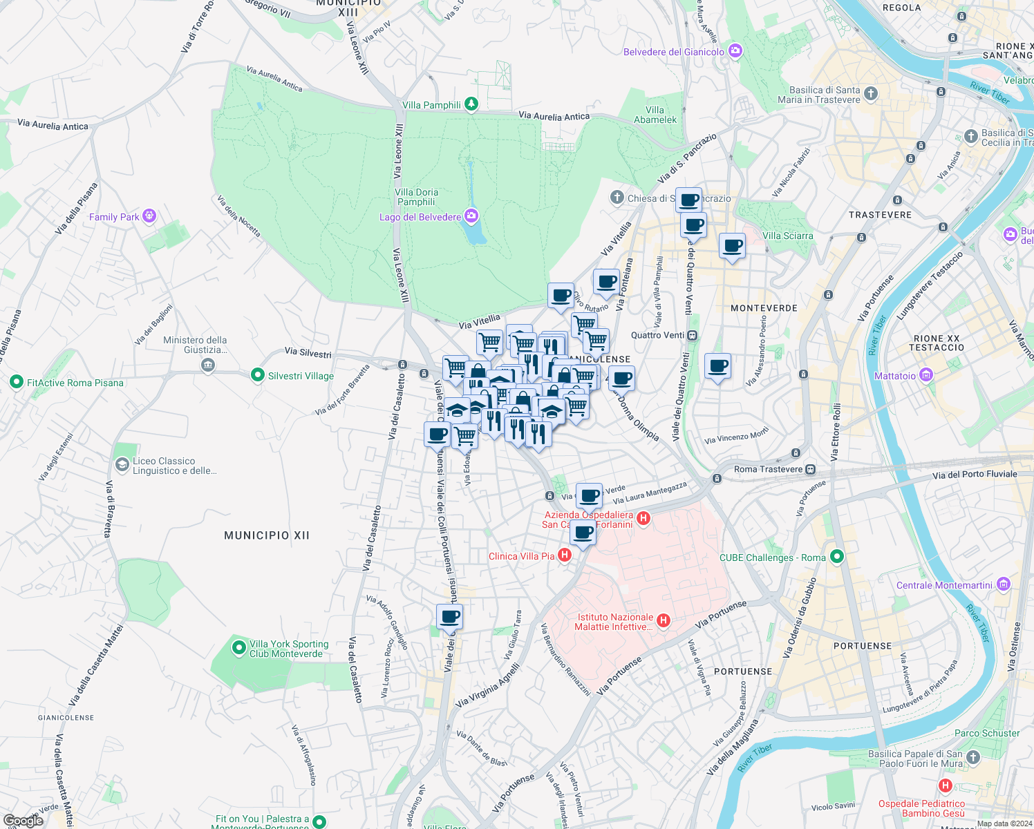 map of restaurants, bars, coffee shops, grocery stores, and more near 28 Piazza San Giovanni di Dio in Roma
