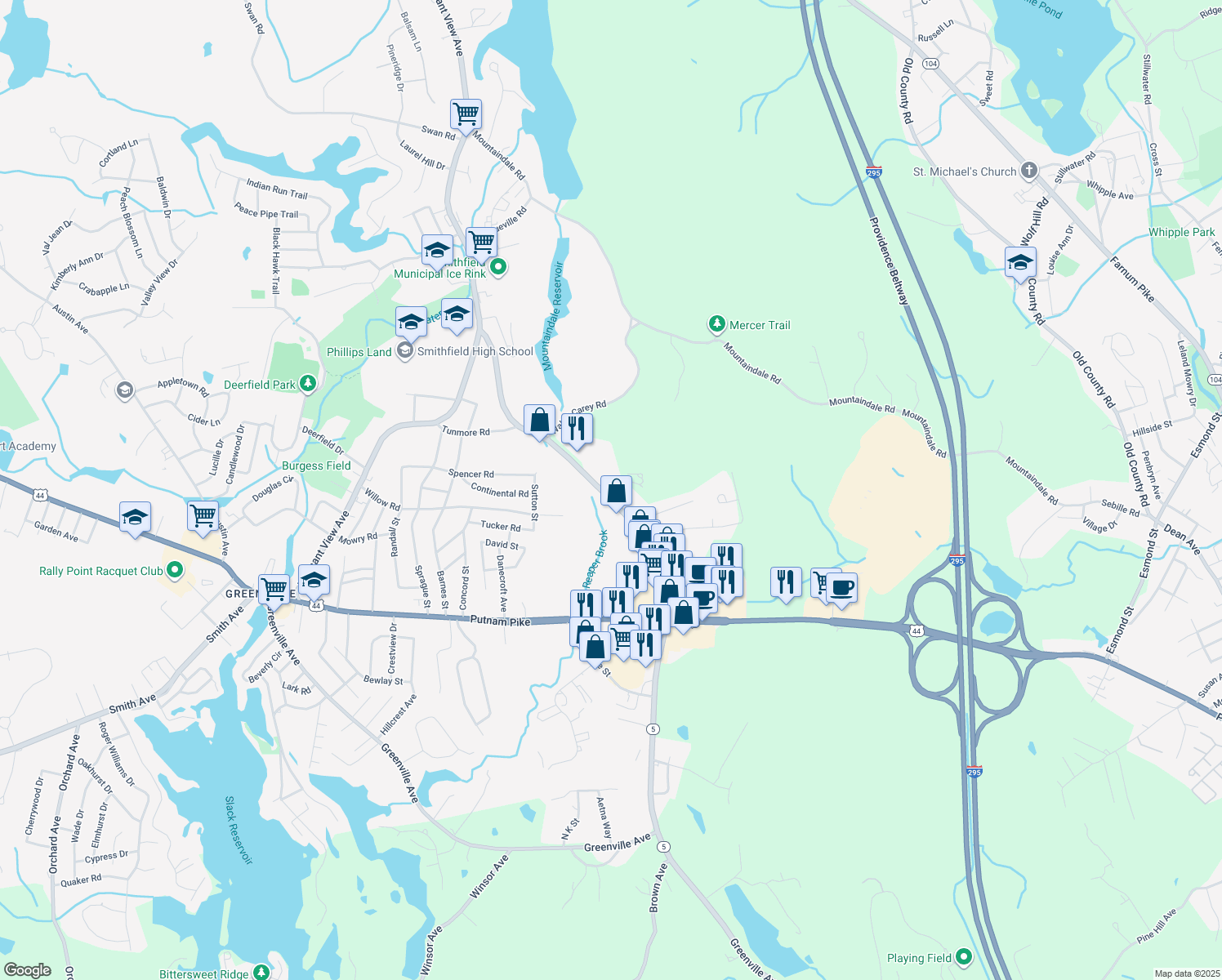 map of restaurants, bars, coffee shops, grocery stores, and more near 33 Cedar Swamp Road in Smithfield