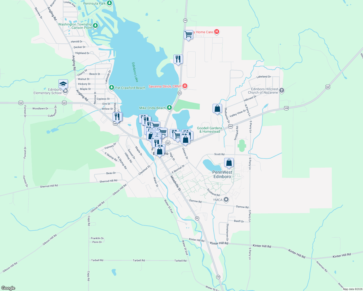 map of restaurants, bars, coffee shops, grocery stores, and more near 199 E Plum St in Edinboro