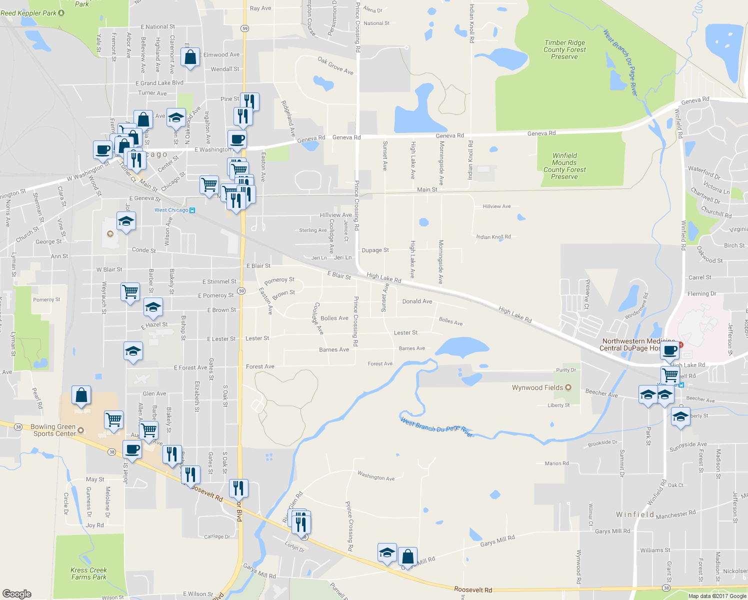 map of restaurants, bars, coffee shops, grocery stores, and more near 28W730 Donald Avenue in West Chicago