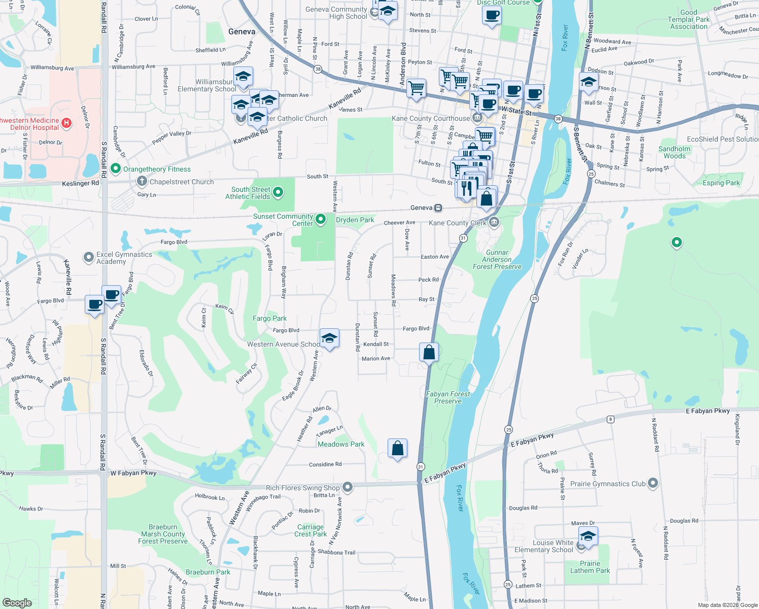 map of restaurants, bars, coffee shops, grocery stores, and more near 926 Ray Street in Geneva