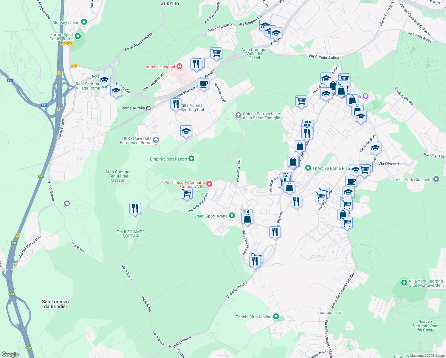 map of restaurants, bars, coffee shops, grocery stores, and more near 31 Via della Vignaccia in Roma