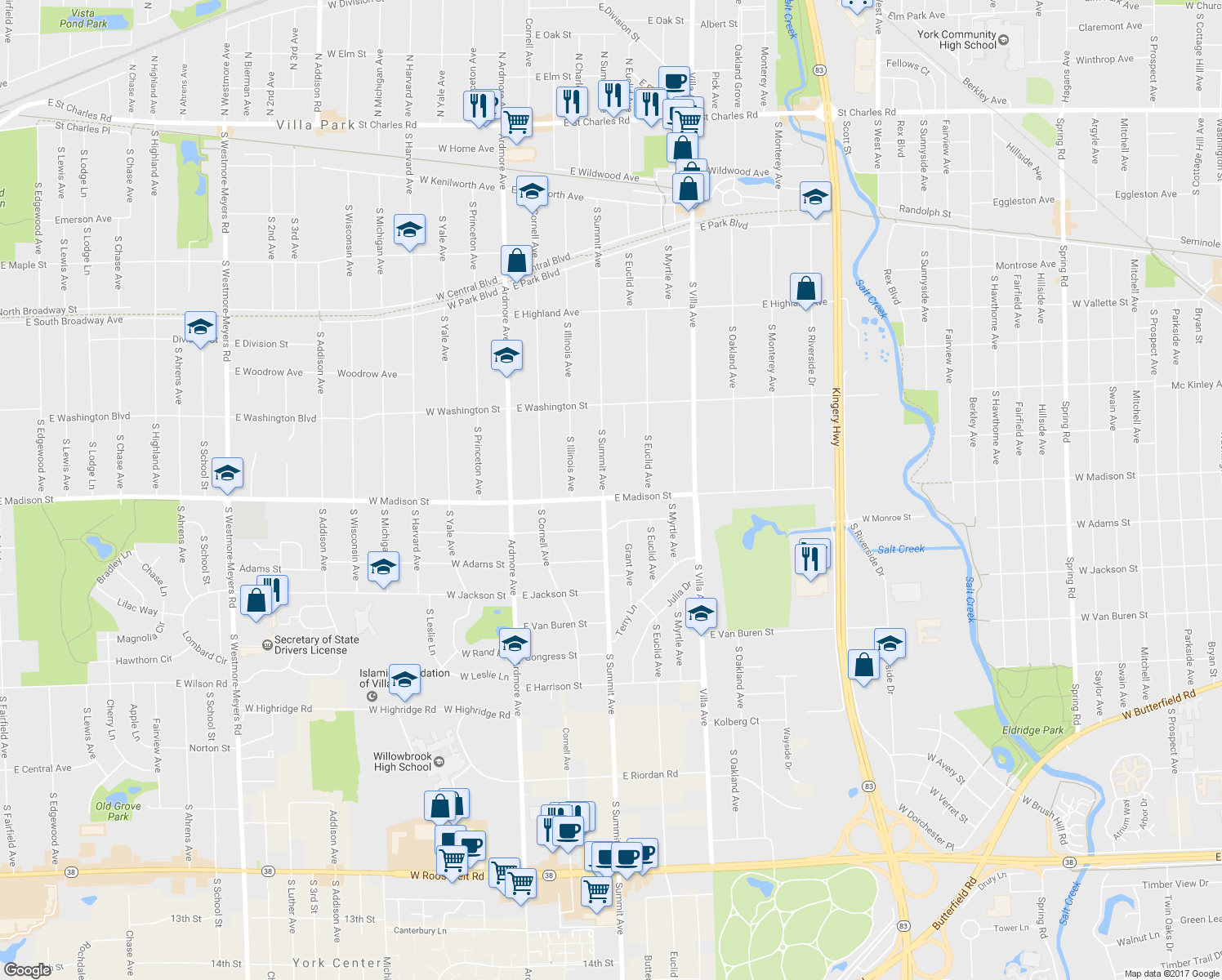 map of restaurants, bars, coffee shops, grocery stores, and more near 745 South Summit Avenue in Villa Park