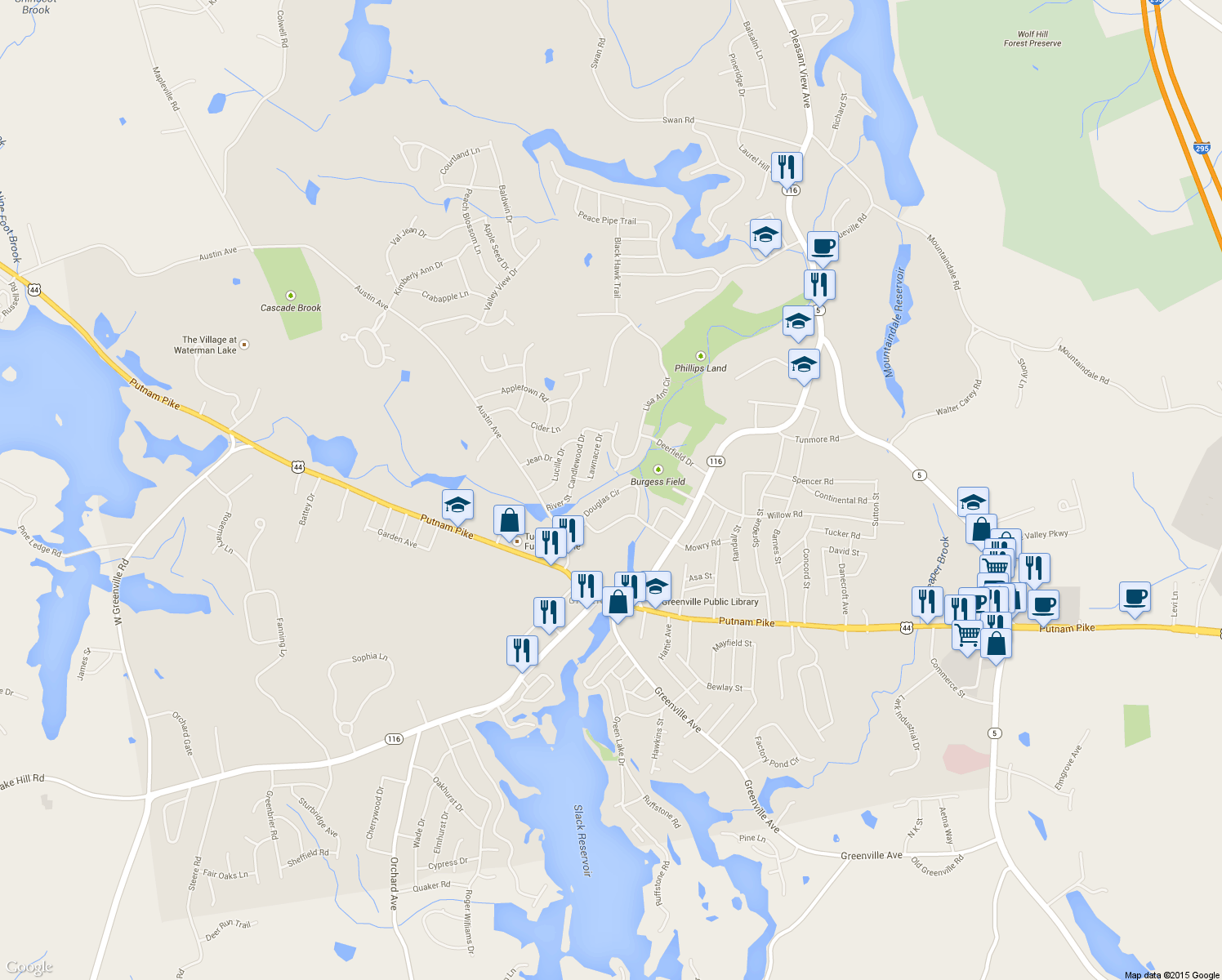 map of restaurants, bars, coffee shops, grocery stores, and more near 41 Douglas Circle in Smithfield