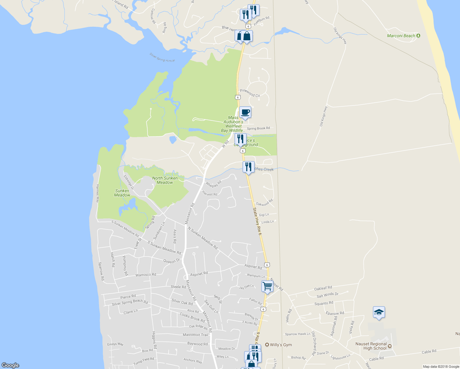 map of restaurants, bars, coffee shops, grocery stores, and more near 235 Harvest Road in Eastham