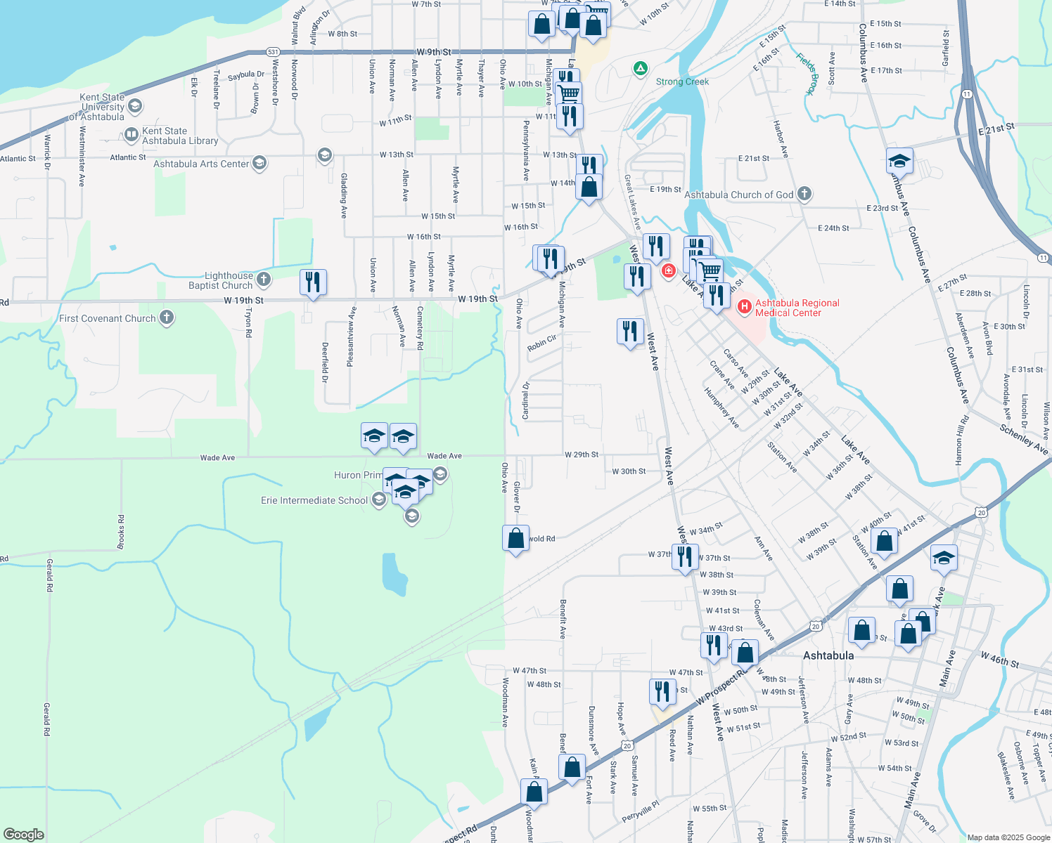 map of restaurants, bars, coffee shops, grocery stores, and more near 2198 Eagle Dr in Ashtabula