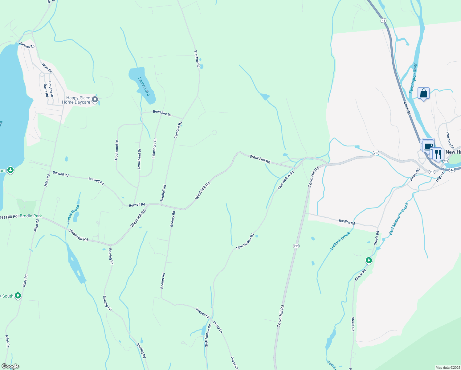 map of restaurants, bars, coffee shops, grocery stores, and more near 201 West Hill Road in New Hartford
