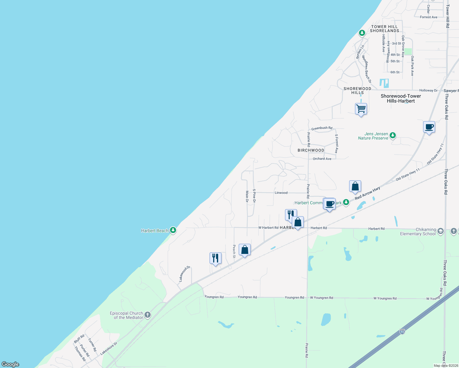 map of restaurants, bars, coffee shops, grocery stores, and more near 13440 Timber Lane in Berrien County