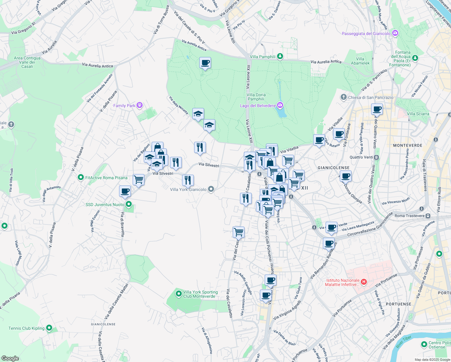 map of restaurants, bars, coffee shops, grocery stores, and more near 79 Vicolo Silvestri in Roma