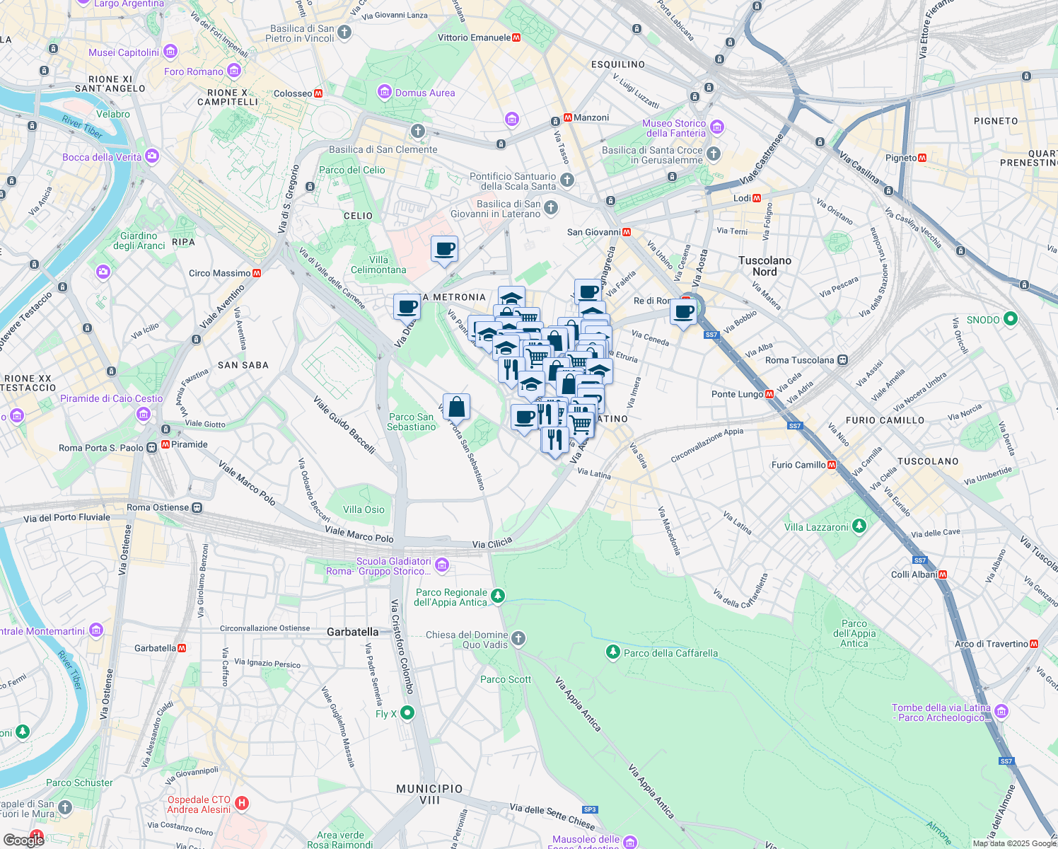 map of restaurants, bars, coffee shops, grocery stores, and more near 19 Via Lusitania in Roma