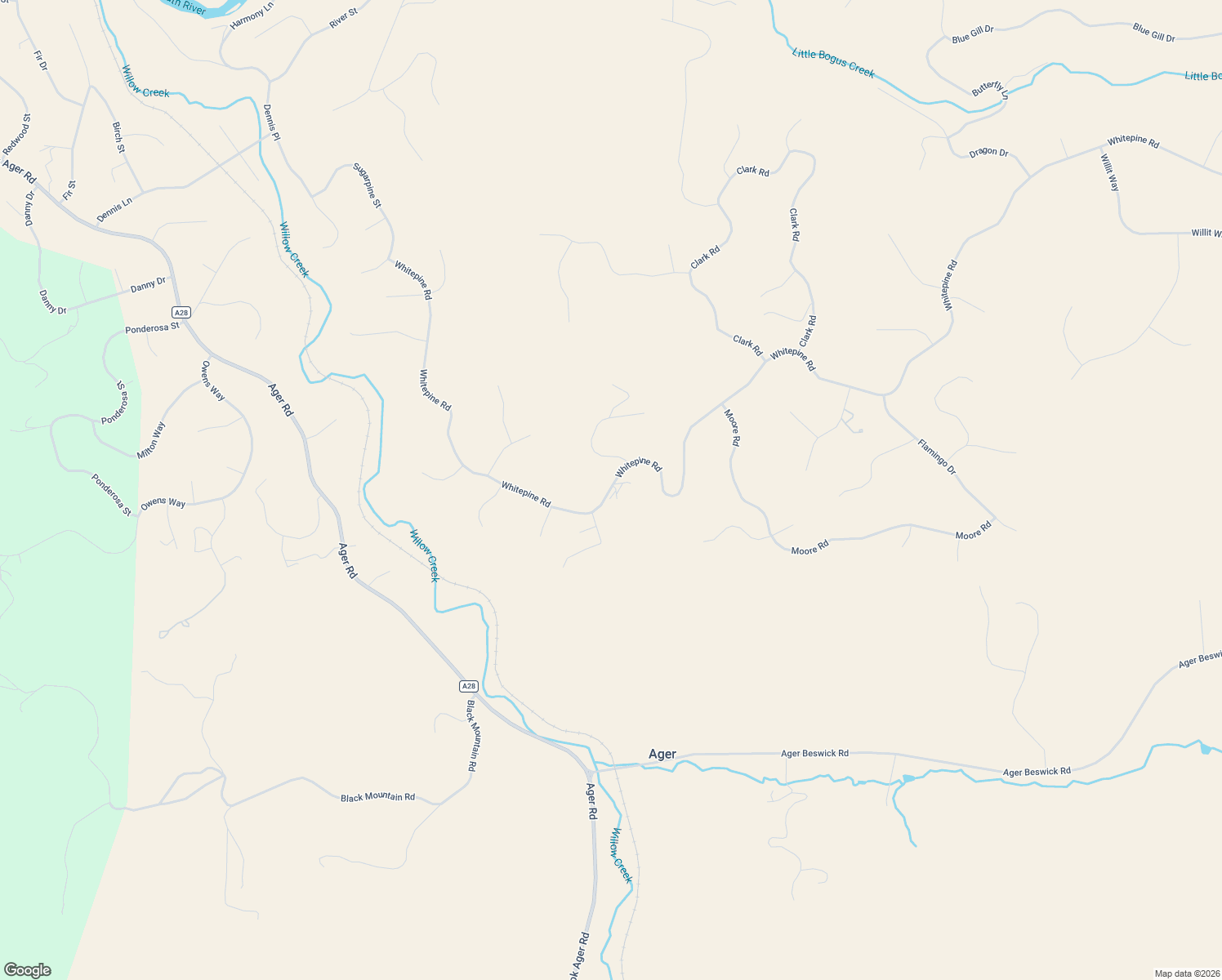 map of restaurants, bars, coffee shops, grocery stores, and more near Whitepine Road in Hornbrook
