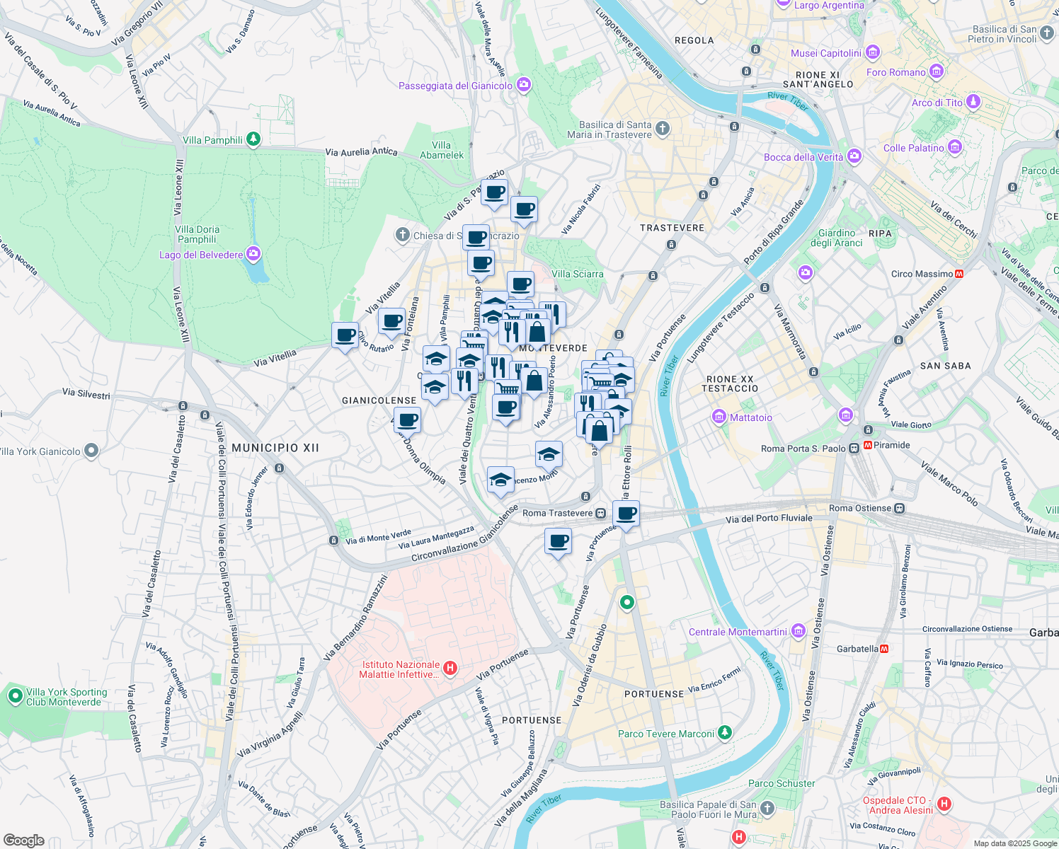 map of restaurants, bars, coffee shops, grocery stores, and more near 5 Via Felice Cavallotti in Roma