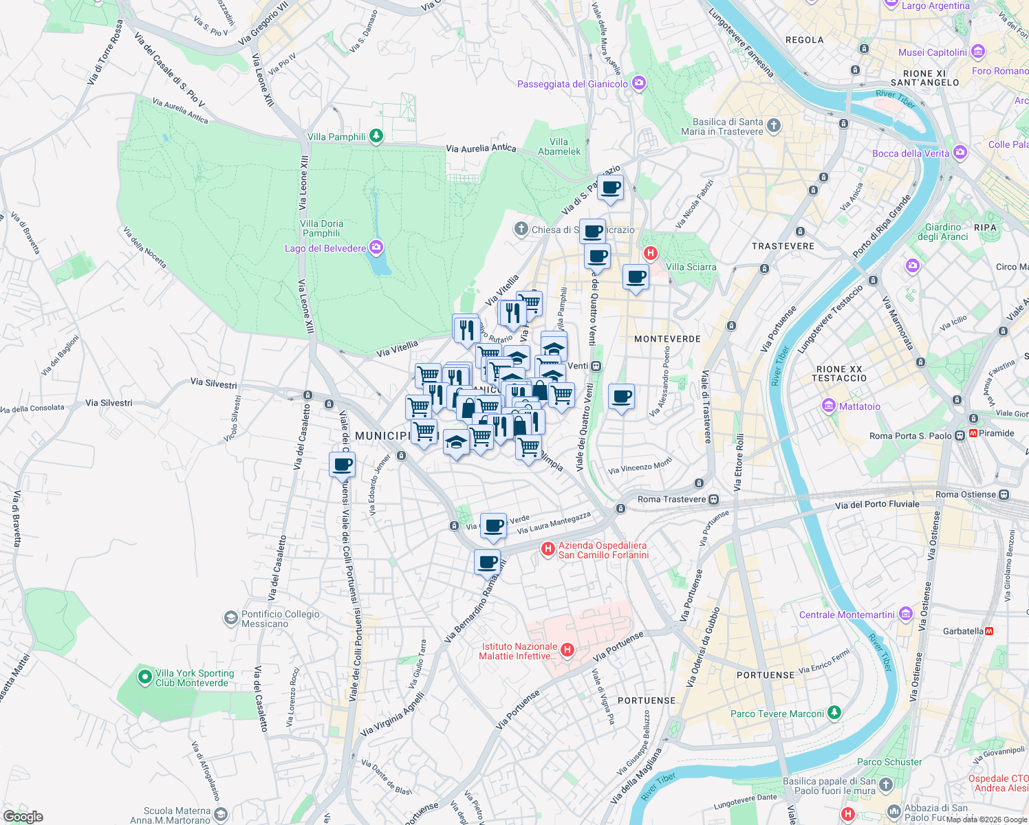 map of restaurants, bars, coffee shops, grocery stores, and more near 52 Via di Donna Olimpia in Roma