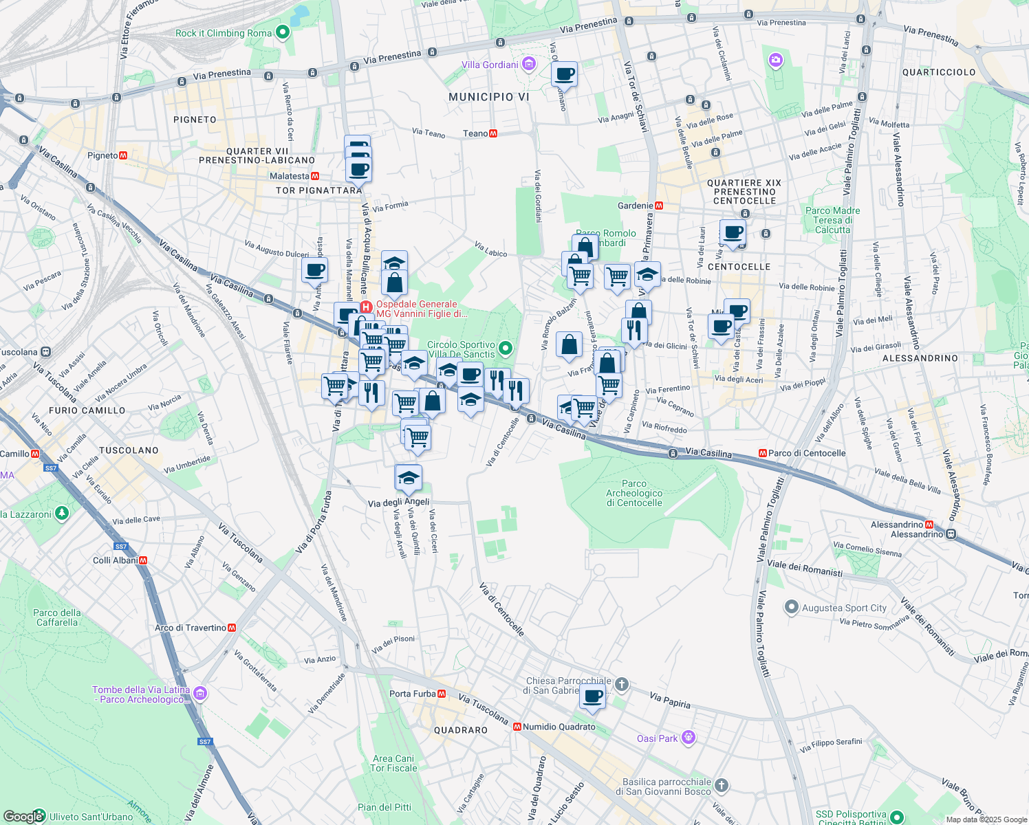 map of restaurants, bars, coffee shops, grocery stores, and more near 646 Via Casilina in Roma