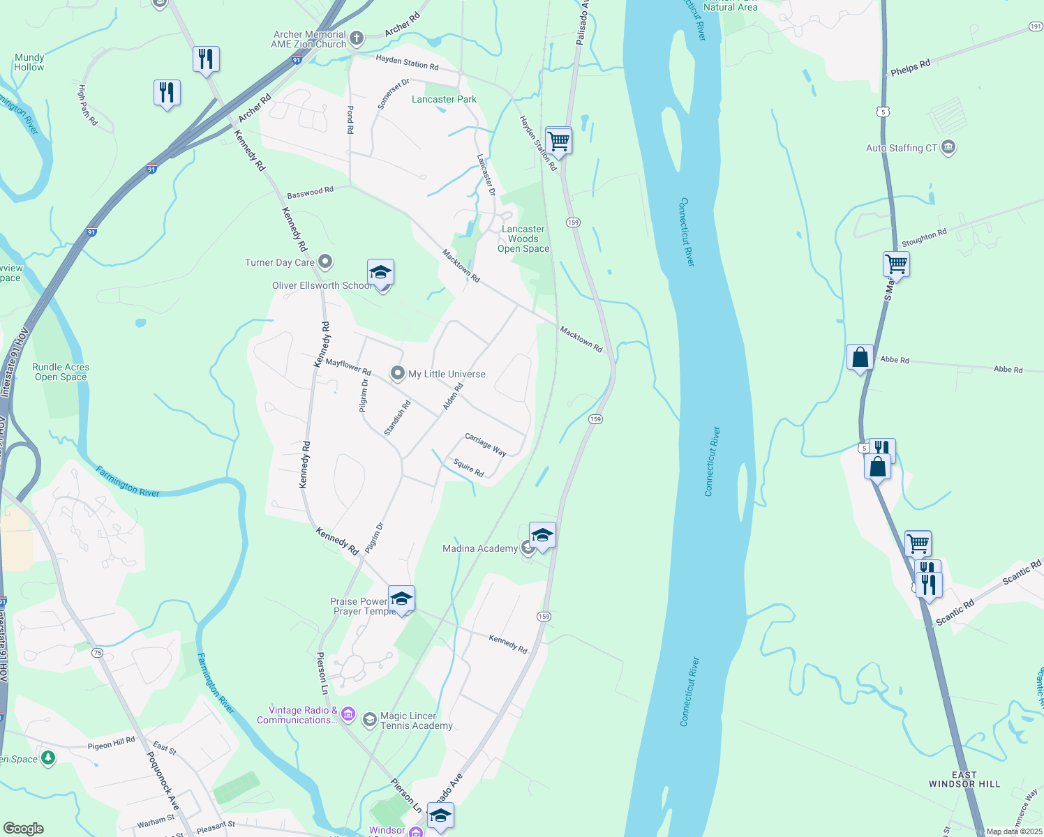 map of restaurants, bars, coffee shops, grocery stores, and more near 191 Carriage Way in Windsor