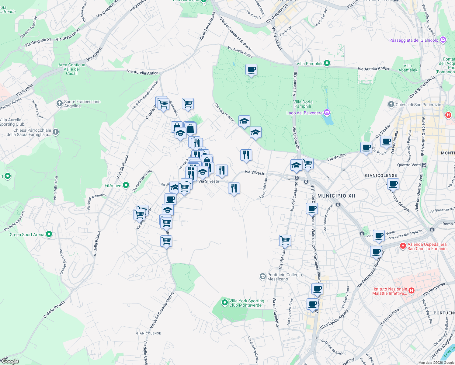 map of restaurants, bars, coffee shops, grocery stores, and more near 219 Via Silvestri in Roma