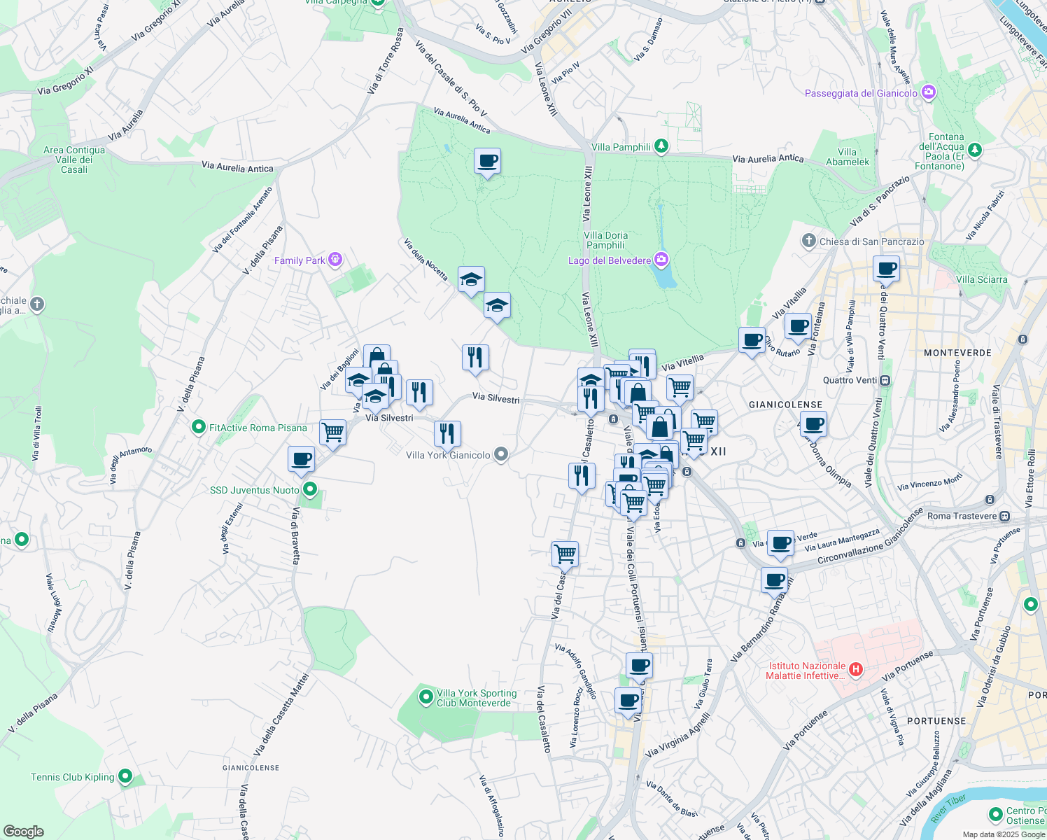 map of restaurants, bars, coffee shops, grocery stores, and more near 79 Vicolo Silvestri in Roma