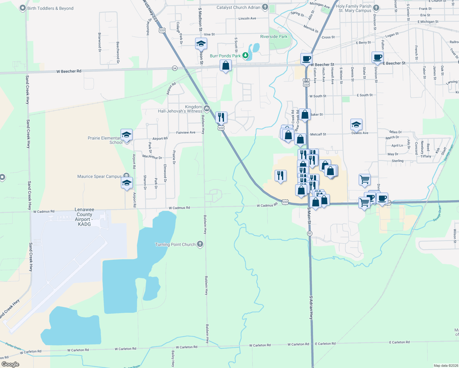 map of restaurants, bars, coffee shops, grocery stores, and more near 1651 Rivers Edge Ct in Adrian