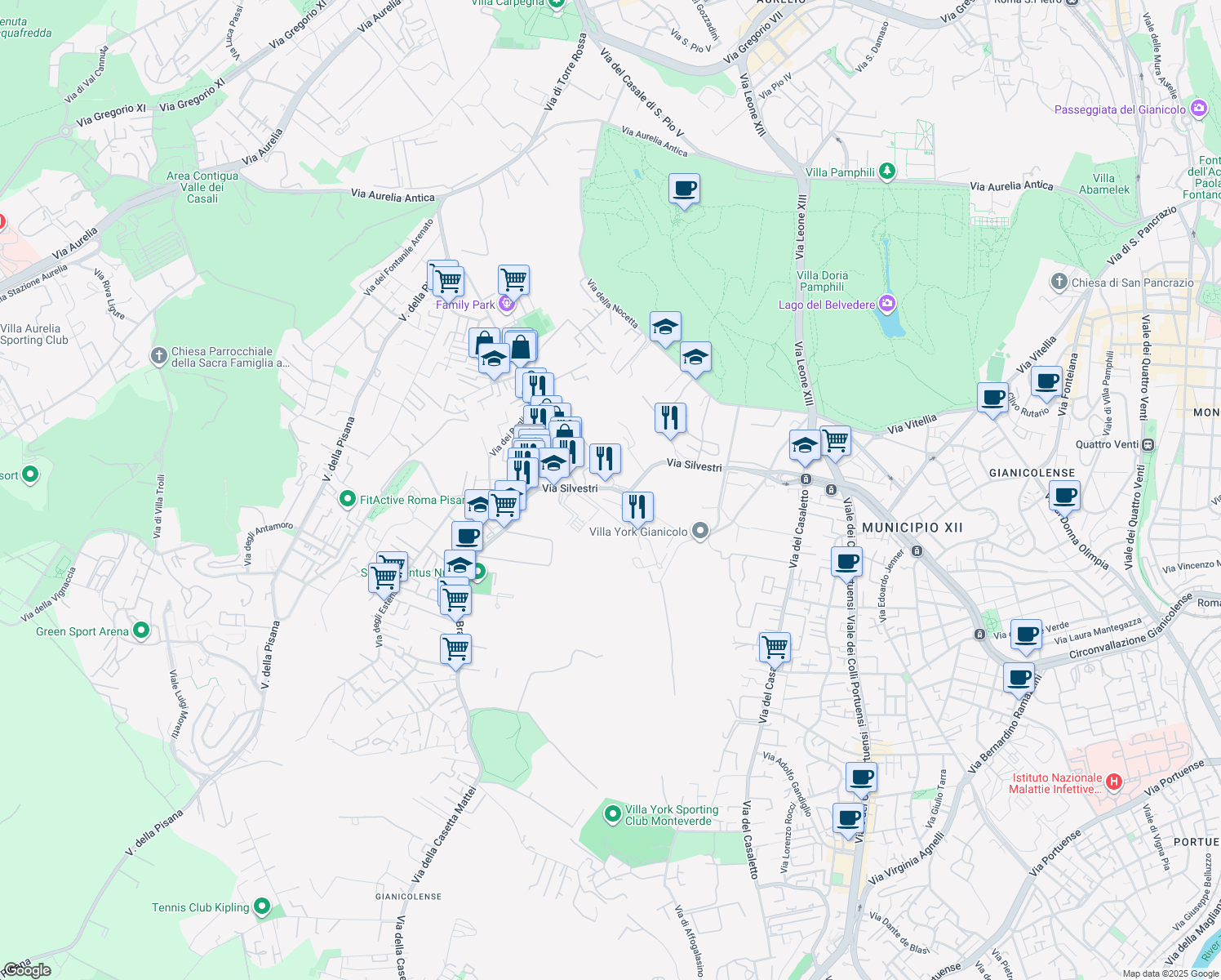 map of restaurants, bars, coffee shops, grocery stores, and more near 219 Via Silvestri in Roma