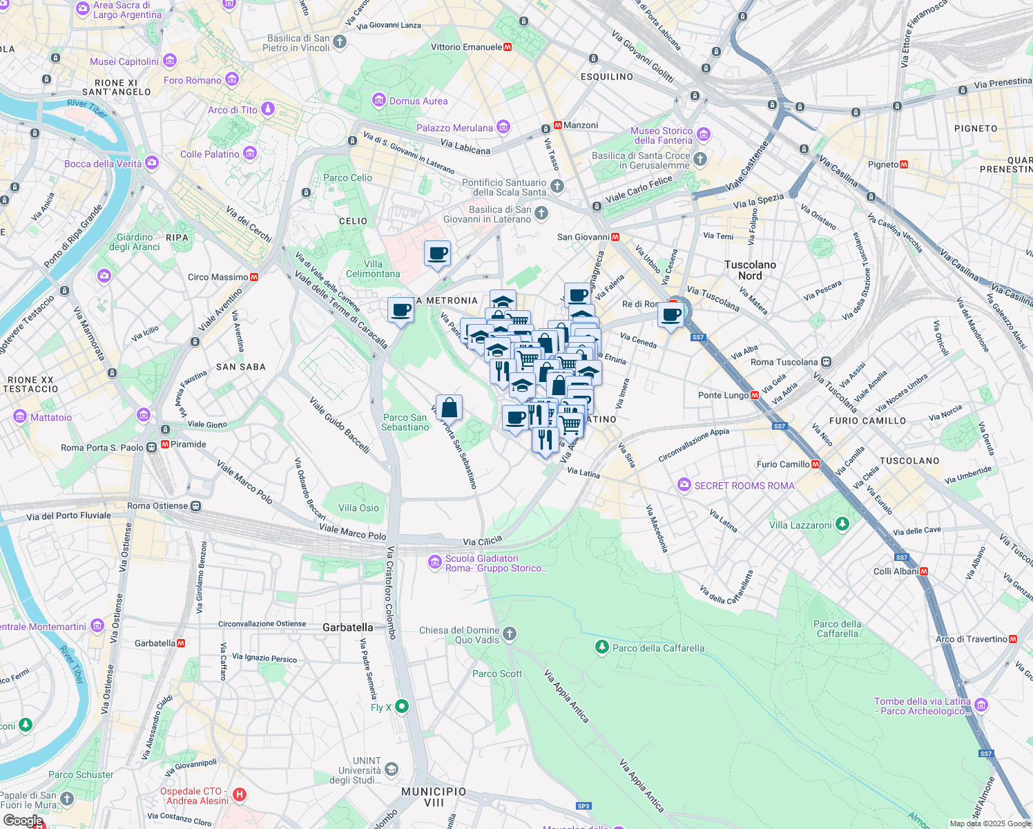 map of restaurants, bars, coffee shops, grocery stores, and more near 19 Via Lusitania in Roma