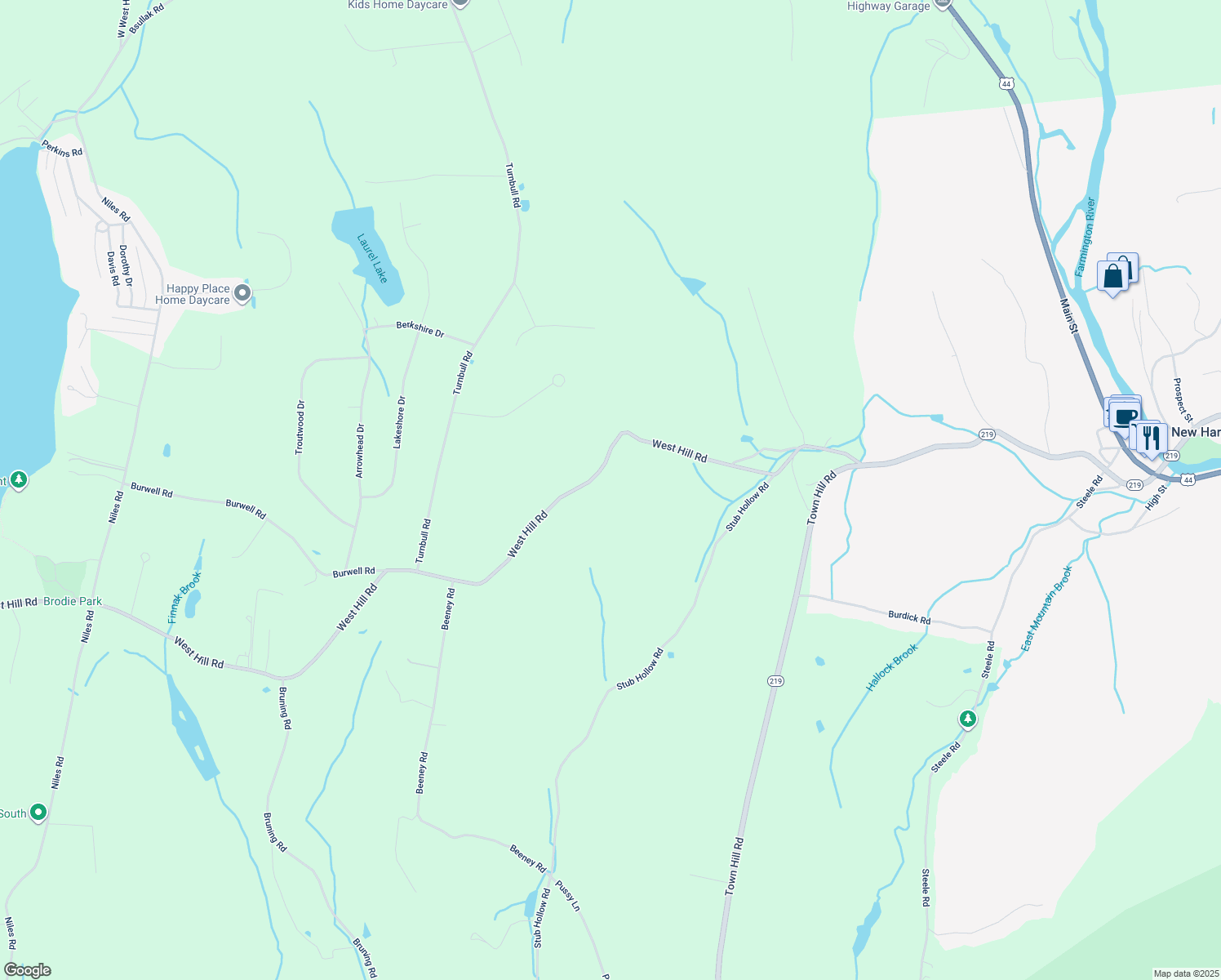 map of restaurants, bars, coffee shops, grocery stores, and more near 201 West Hill Road in New Hartford