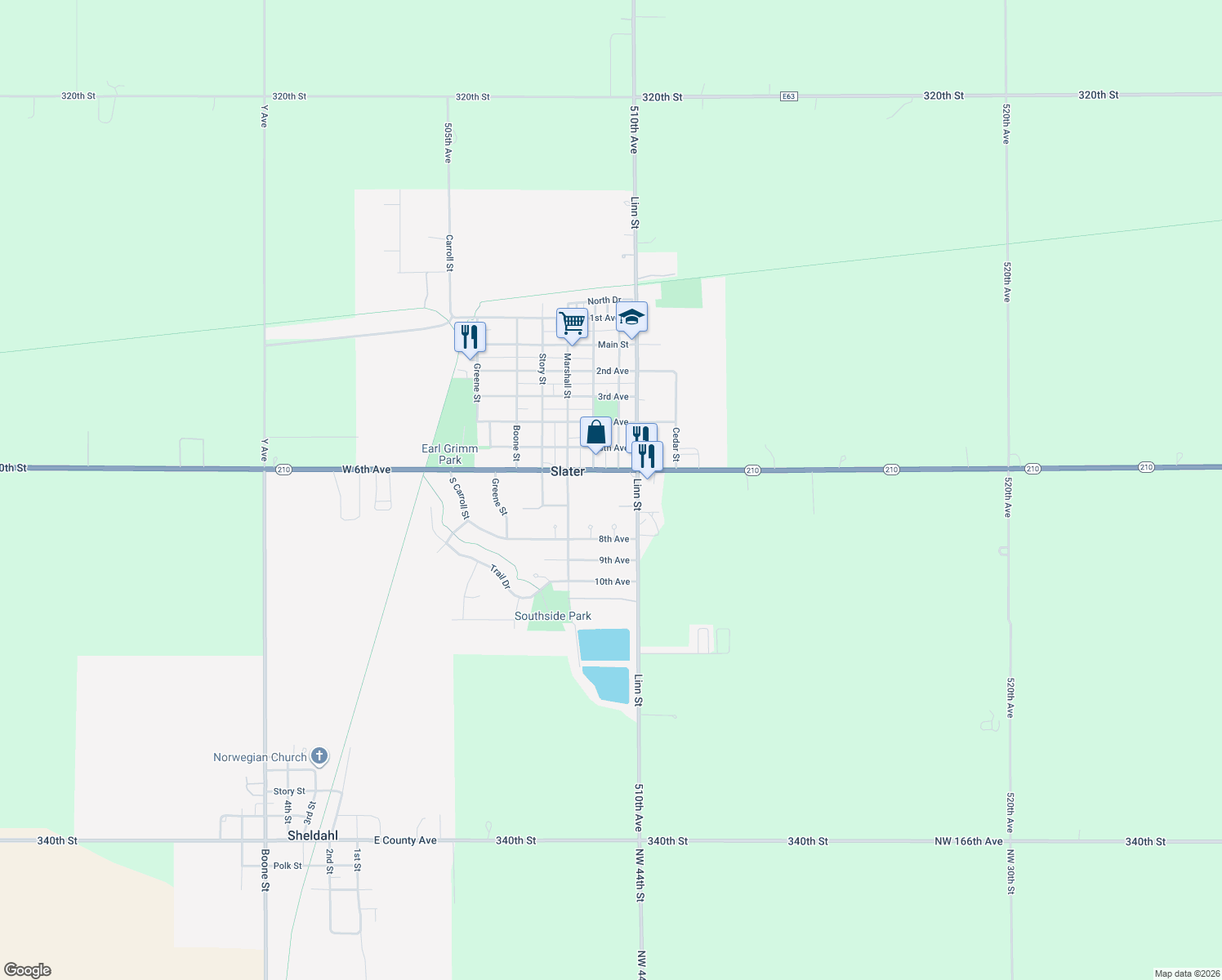 map of restaurants, bars, coffee shops, grocery stores, and more near 200 6th Ave in Slater