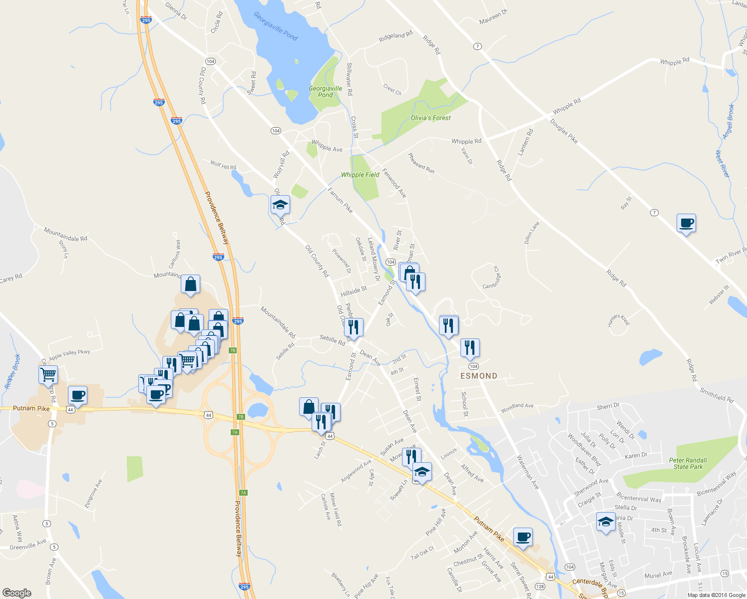 map of restaurants, bars, coffee shops, grocery stores, and more near 10 Elm Ct in Smithfield