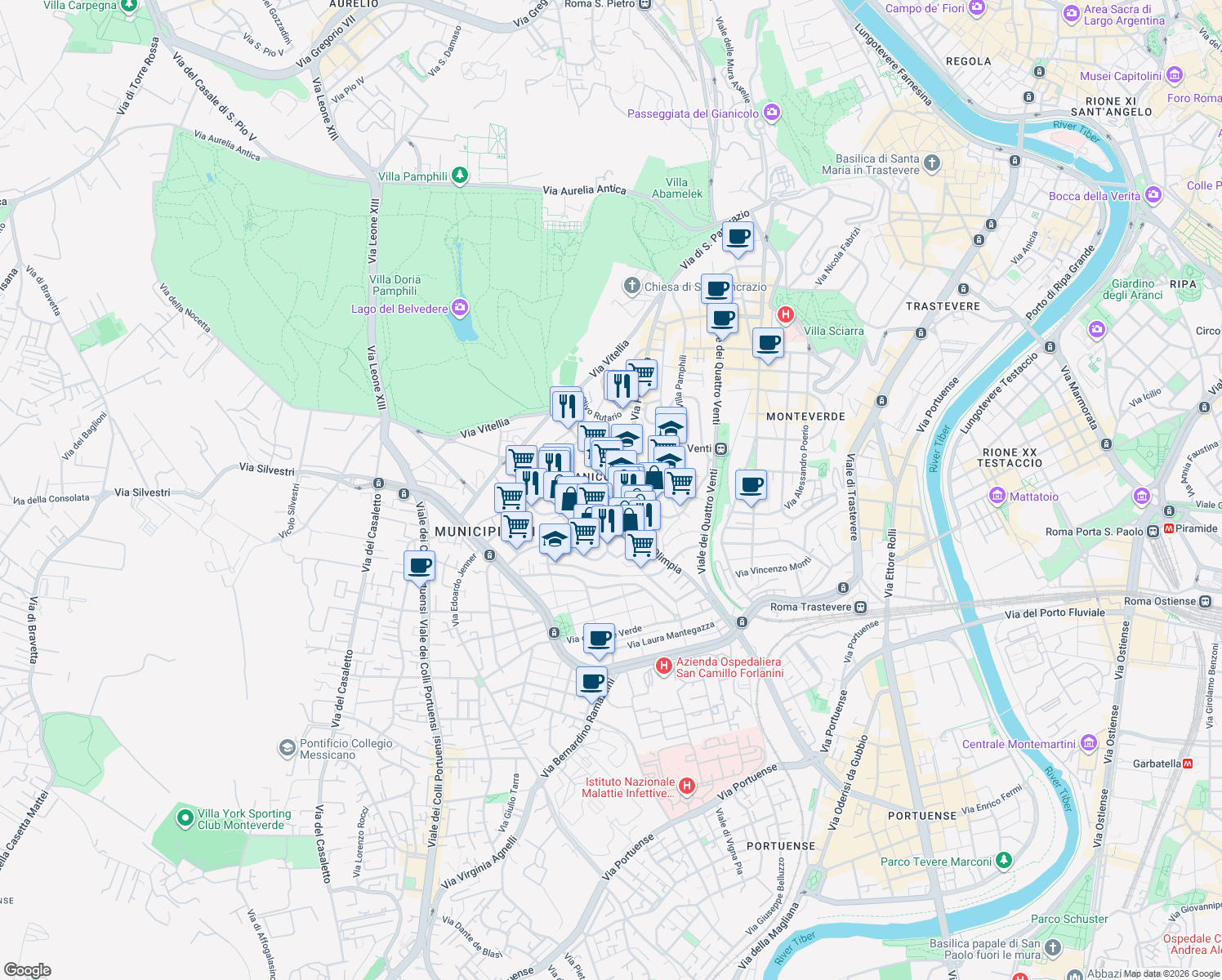 map of restaurants, bars, coffee shops, grocery stores, and more near 52 Via di Donna Olimpia in Roma
