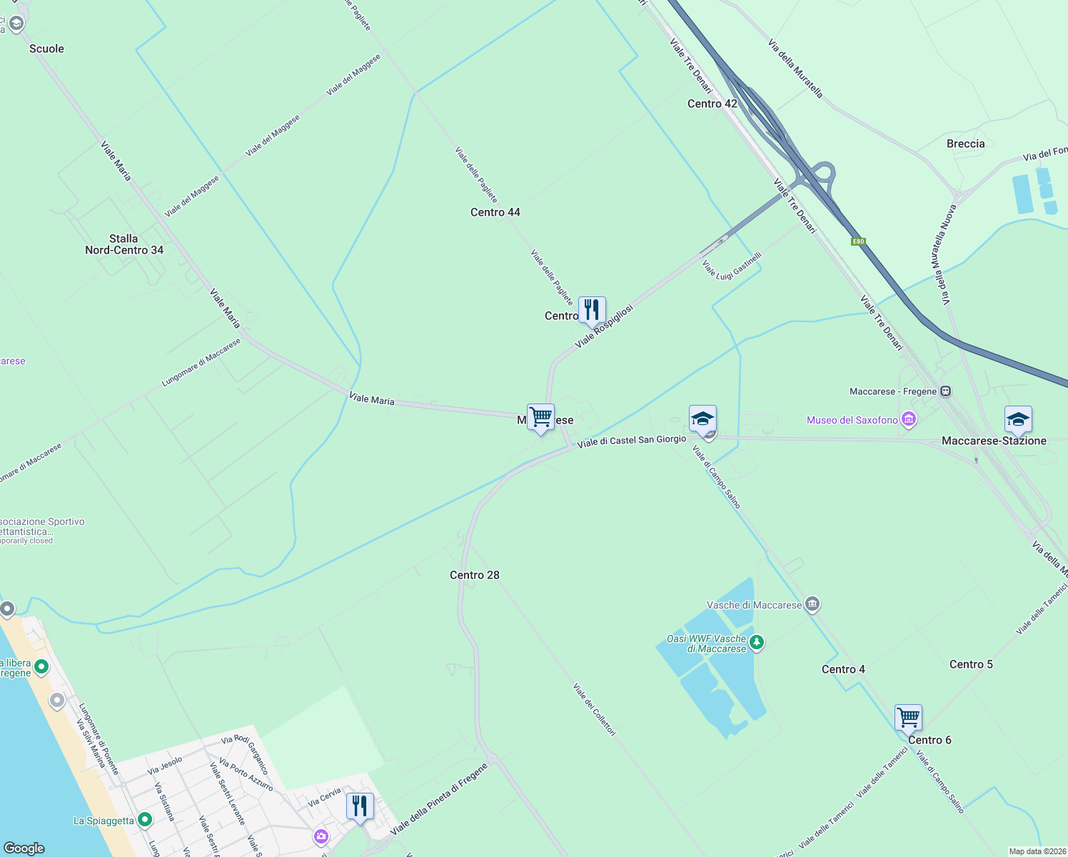 map of restaurants, bars, coffee shops, grocery stores, and more near 8 Via delle Bufale in Maccarese