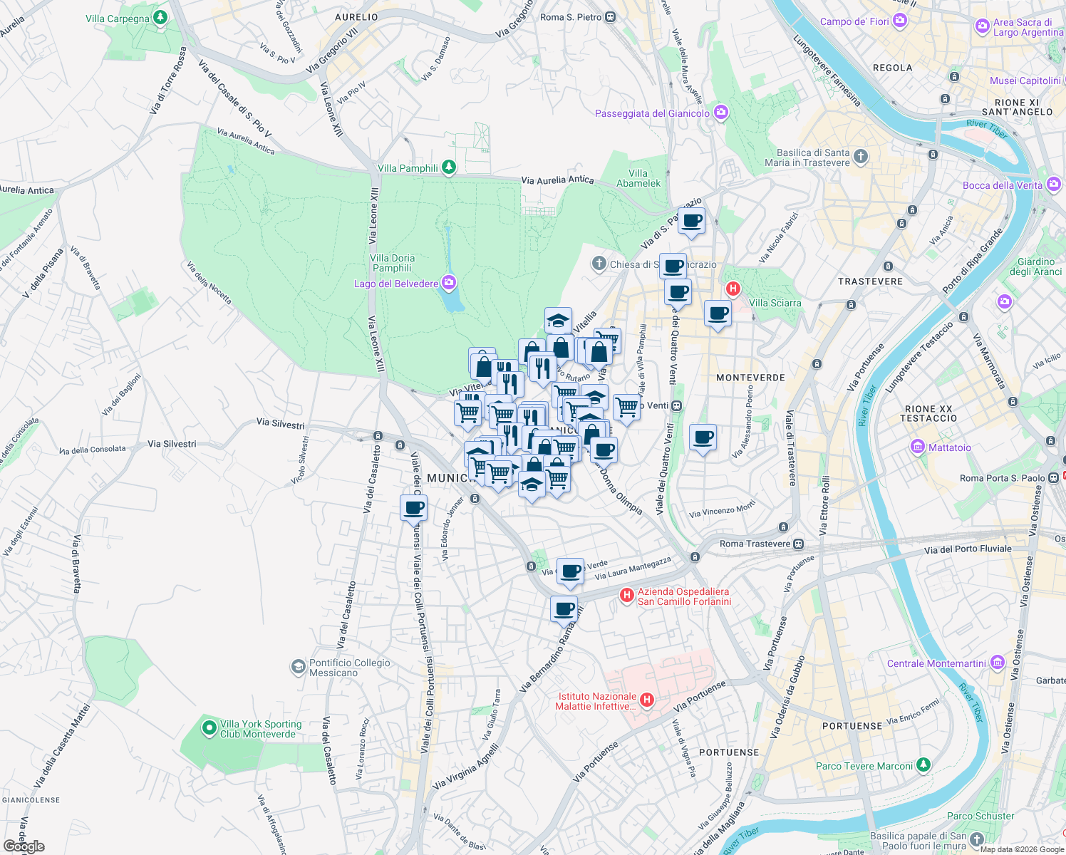 map of restaurants, bars, coffee shops, grocery stores, and more near 23 Via Raffaele Paolucci in Roma