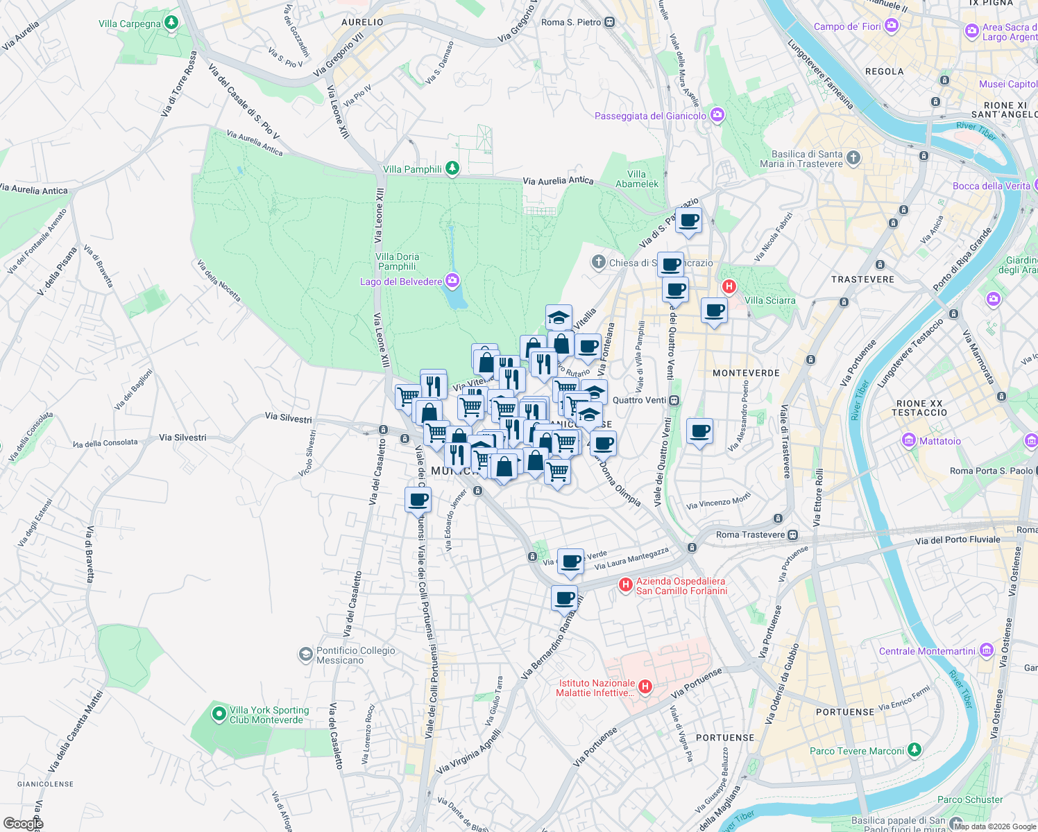 map of restaurants, bars, coffee shops, grocery stores, and more near 20 Via Nadina Helbig in Roma