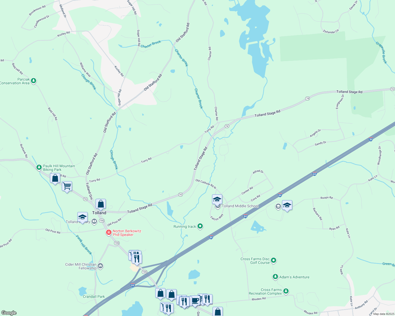 map of restaurants, bars, coffee shops, grocery stores, and more near 15 Garry Road in Tolland